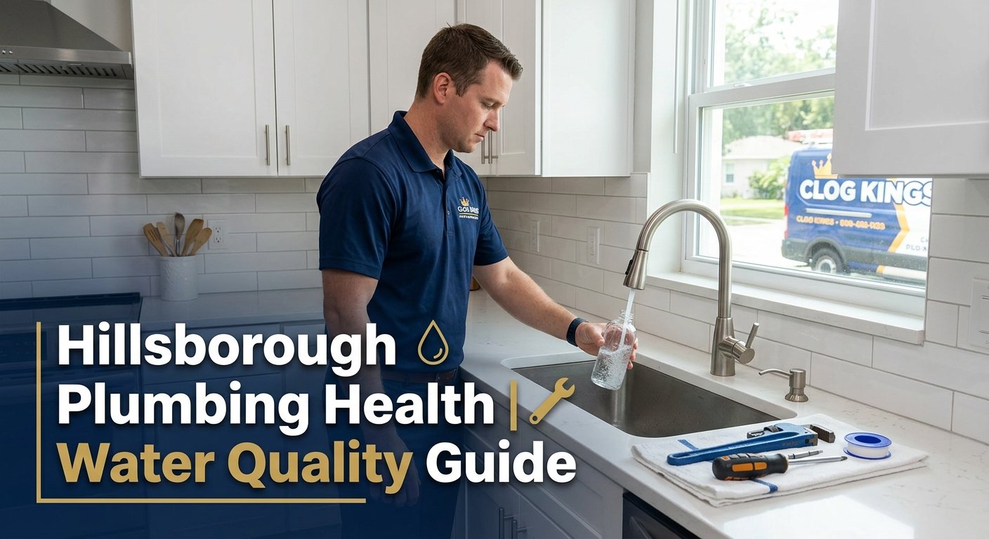 A Clog Kings plumber filling a clear glass sample bottle from a modern kitchen sink faucet in a bright home, with plumbing tools on the counter and text reading "Hillsborough Plumbing Health | Water Quality Guide" in the bottom-left corner.