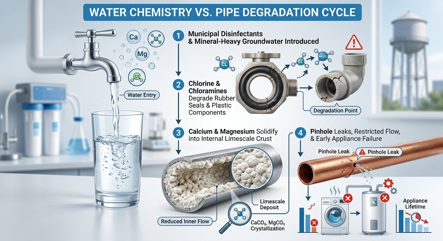 A photorealistic infographic titled "WATER CHEMISTRY VS. PIPE DEGRADATION CYCLE" showing a four-step sequence. It starts with municipal water containing mineral icons (Ca, Mg) being poured into a glass, followed by a close-up of a rubber seal cracking and a PVC elbow breaking due to "Degradation Point" from "Chlorine & Chloramines." Next, a metal pipe cross-section reveals thick "Limescale Deposit" labeled "CaCO3, MgCO3 Crystallization," leading to "Reduced Inner Flow." The final step shows a leaky copper pipe and red 'X's over broken appliances (washing machine, water heater) with a chart indicating "Appliance Lifetime" reduction. A water tower is visible in the background.