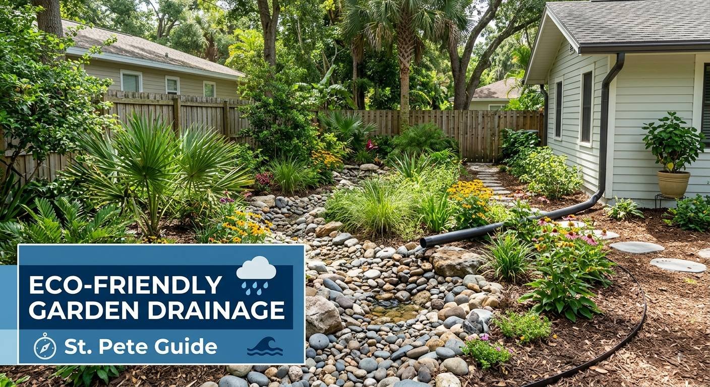 A photorealistic St. Petersburg, Florida backyard featuring a river rock dry creek bed and rain garden catching downspout runoff surrounded by native plants, with an infographic text overlay in the bottom left reading 'Eco-Friendly Garden Drainage | St. Pete Guide'.