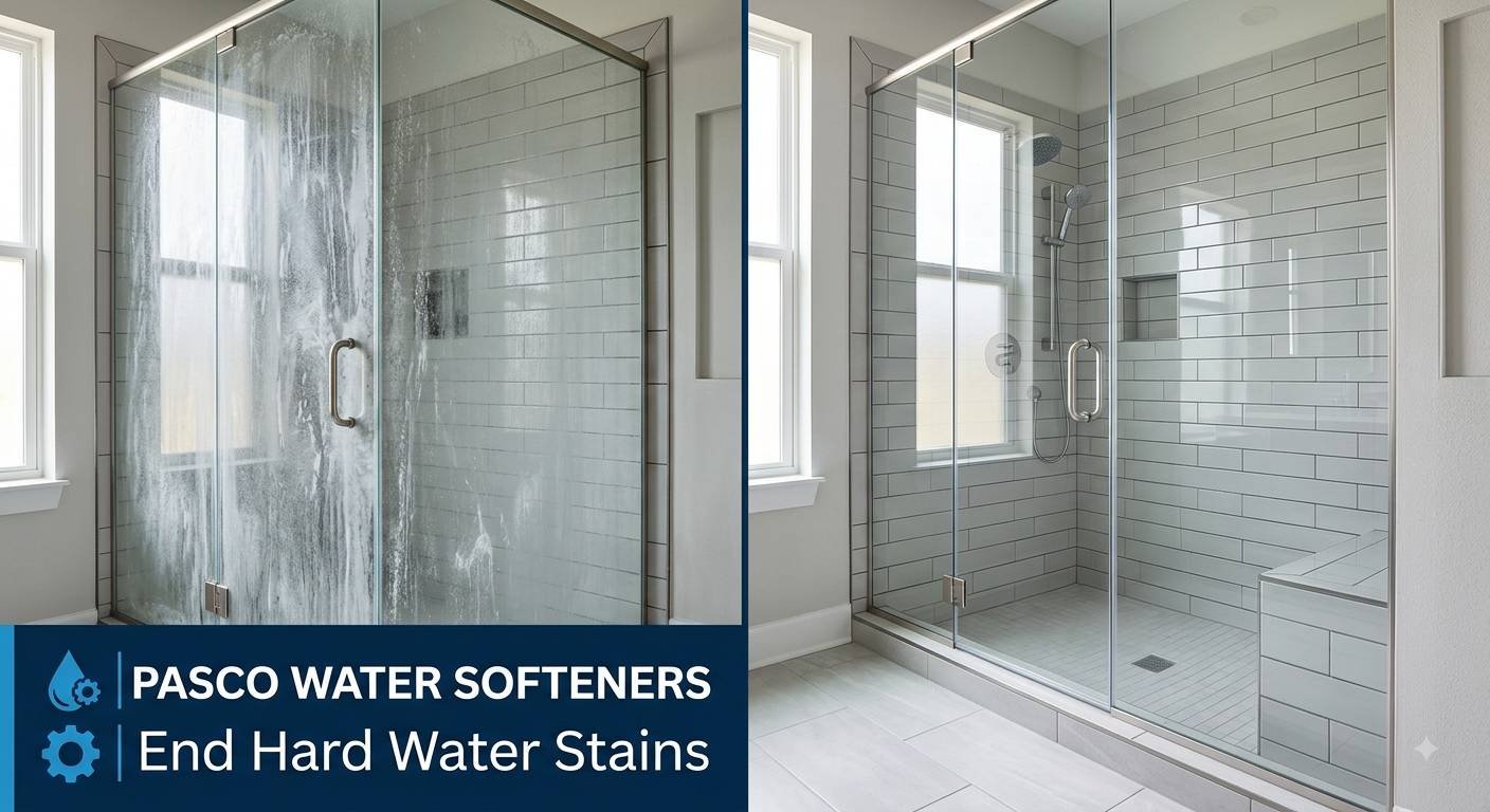 A professional side-by-side photo comparison of a glass shower enclosure in a modern Florida bathroom with light grey subway tile. The left panel demonstrates the effects of hard water, with the glass shower doors heavily covered in chalky white mineral buildup and streaks. The right panel shows the same shower after water treatment, featuring crystal-clear, spot-free glass and spotless fixtures. A dark blue graphic banner in the bottom-left quadrant displays white text reading 'PASCO WATER SOFTENERS | End Hard Water Stains' alongside a water drop and gear icon.