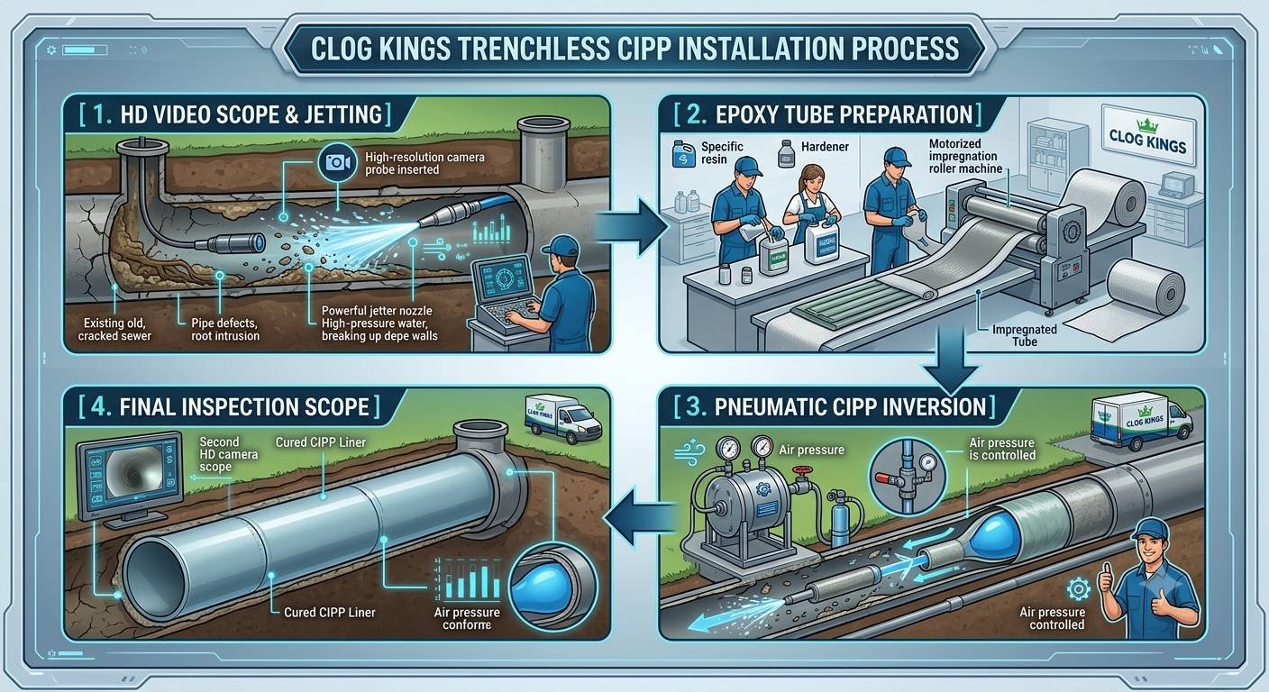A 4-step flowchart infographic titled "CLOG KINGS TRENCHLESS CIPP INSTALLATION PROCESS". Step 1 shows a technician inserting a high-resolution camera probe and hydro-jetting nozzle into an underground pipe to clear root intrusions. Step 2 illustrates technicians mixing resin hardener and running a liner tube through a motorized roller machine. Step 3 demonstrates pneumatic CIPP inversion, showing regulated air pressure expanding the resin-impregnated bladder through the host pipe. Step 4 reveals the restored, seamless cured CIPP liner being verified with a final HD video inspection scope.