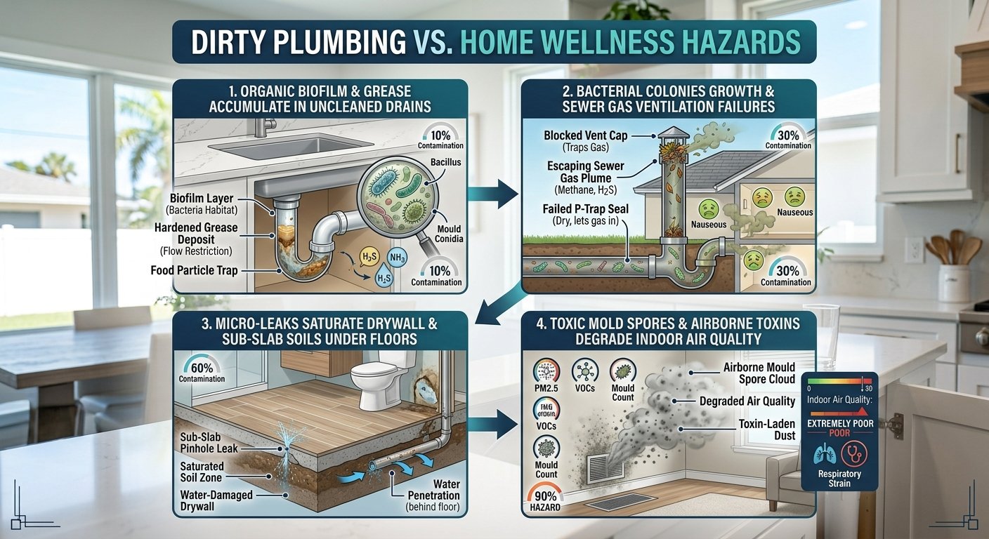 A four-step graphic diagram titled "DIRTY PLUMBING VS. HOME WELLNESS HAZARDS" illustrating how neglected plumbing affects home health, set against a modern kitchen backdrop.Step 1: Organic Biofilm & Grease Accumulate in Uncleaned Drains shows a sink drain cutaway with a magnifying glass revealing bacteria habitat, food particle traps, and grease deposits.Step 2: Bacterial Colonies Growth & Sewer Gas Ventilation Failures illustrates a house cross-section with a blocked roof vent, showing escaping sewer gas plumes and dry P-trap failures causing nauseous indoor air.Step 3: Micro-Leaks Saturate Drywall & Sub-Slab Soils under Floors depicts a bathroom cutaway with a sub-slab pinhole leak saturating ground soil and causing water-damaged drywall behind the flooring.Step 4: Toxic Mold Spores & Airborne Toxins Degrade Indoor Air Quality displays a living room air vent emitting a dark airborne mold spore cloud, accompanied by an "Indoor Air Quality: EXTREMELY POOR" indicator meter.