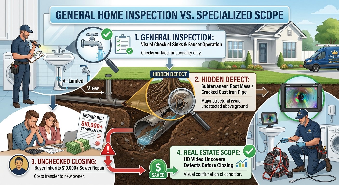 An infographic titled "GENERAL HOME INSPECTION VS. SPECIALIZED SCOPE" detailing a four-stage comparative process. The image is a hybrid of technical diagrams and photorealistic illustrations showing home components.Stage 1: General Inspection (Top Left) shows an inspector and a homeowner checking surface components like a faucet with checkmarks.Stage 2: Hidden Defect (Center, Underground Cutaway) illustrates a common issue undetected above ground—a dense subterranean tree root mass penetrating a cracked cast iron sewer pipe. This highlights how visual checks of sinks are not enough.Stage 3: Unchecked Closing (Bottom Left) shows a distressed buyer looking at an unexpectedly massive invoice labeled "$10,000+ Sewer Repair Bill" that was inherited after closing.Stage 4: Real Estate Scope (Bottom Right) shows the solution—a specialist technician operating a modern Clog Kings sewer camera system. An HD monitor displays clear video evidence of the internal pipe defects, allowing for discovery and negotiation before closing.Arrows and icons connect the stages, showing how a proactive "Real Estate Scope" saves money compared to an unexpected repair after an "Unchecked Closing." A Clog Kings van is visible in the background.