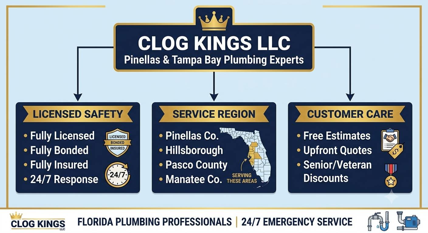 An informational flowchart infographic presented by Clog Kings LLC, titled "Pinellas & Tampa Bay Plumbing Experts" with a prominent gold crown logo. The chart branches into three navy blue panels with gold header ribbons:LICENSED SAFETY: Lists "Fully Licensed," "Fully Bonded," "Fully Insured," and "24/7 Response," accompanied by a safety shield badge and a 24/7 clock icon.SERVICE REGION: Lists "Pinellas Co.," "Hillsborough," "Pasco County," and "Manatee Co.," featured alongside a highlighted map of Florida showing the service area.CUSTOMER CARE: Lists "Free Estimates," "Upfront Quotes," and "Senior/Veteran Discounts," illustrated with clipboard, price tag, and military medal icons.The bottom banner reads "FLORIDA PLUMBING PROFESSIONALS | 24/7 EMERGENCY SERVICE" alongside the Clog Kings logo and plumbing fixture graphics.