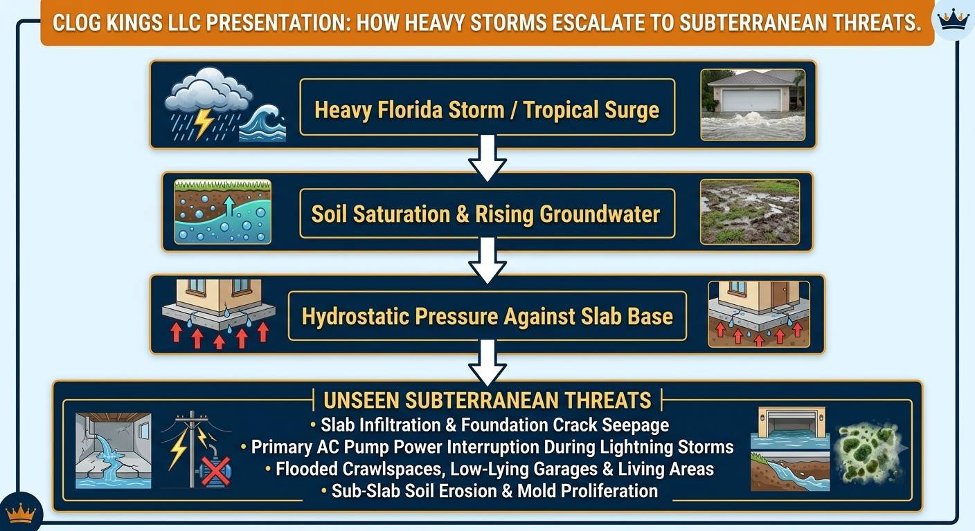 An informative graphic flowchart created by Clog Kings LLC explaining how severe Florida weather damages home foundations. The chart features four dark navy blue boxes connected by downward arrows with vibrant gold text. The top steps trace "Heavy Florida Storm / Tropical Surge" down to "Soil Saturation & Rising Groundwater" and "Hydrostatic Pressure Against Slab Base." The final bottom section details "UNSEEN SUBTERRANEAN THREATS," listing bullet points for slab infiltration, power interruptions during lightning storms, flooded garages, and sub-slab soil erosion with mold growth.