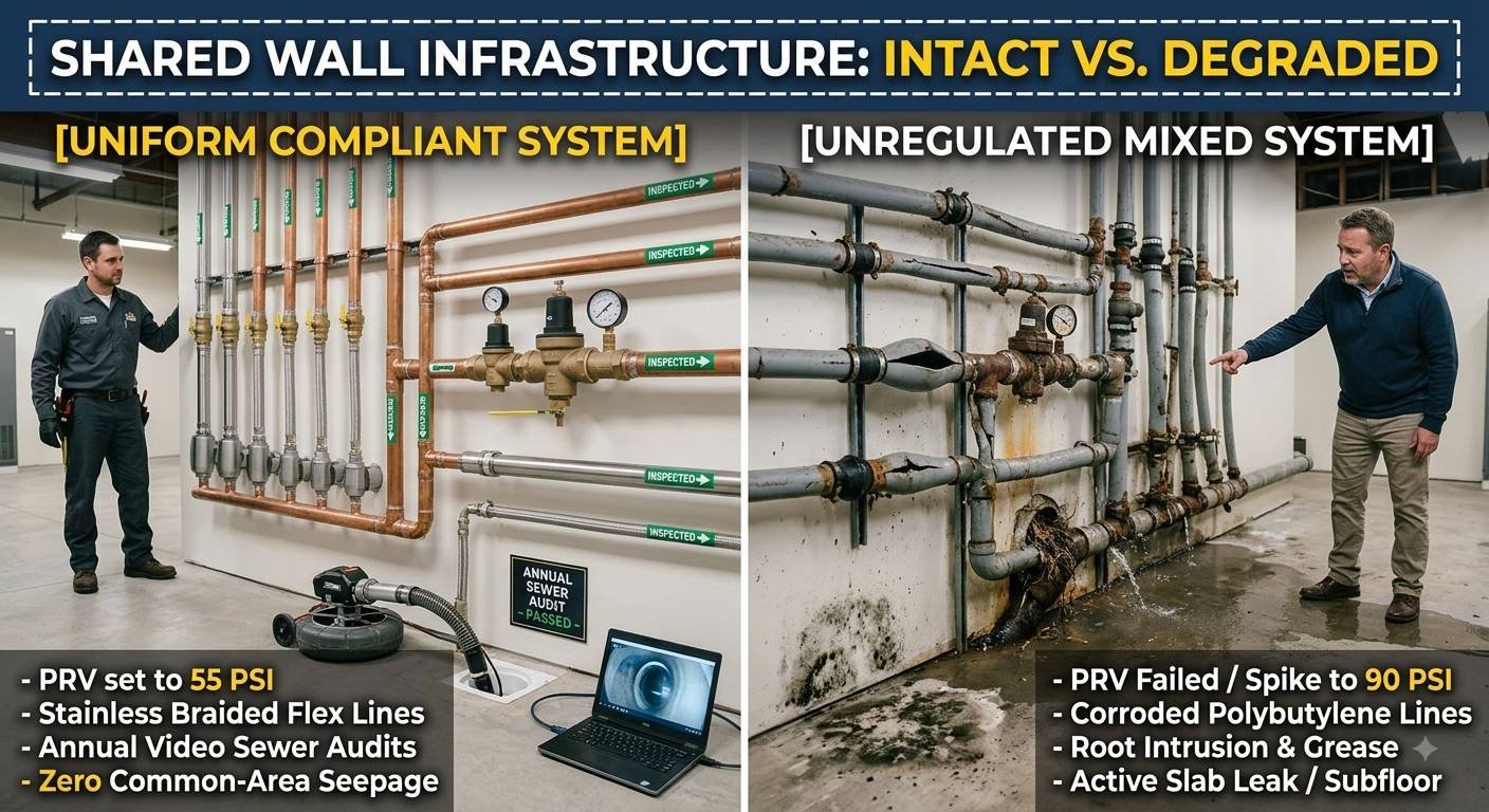 A split-panel infographic comparing a compliant plumbing system to an unregulated one. On the left, a professional with clean copper piping and a laptop displaying a passed sewer audit. Key points listed are: PRV set to 55 PSI, Stainless Braided Flex Lines, Annual Video Sewer Audits, and Zero Common-Area Seepage. On the right, a concerned individual points to broken, leaking grey PVC pipes covered in dirt and mold. Key points listed are: PRV Failed / Spike to 90 PSI, Corroded Polybutylene Lines, Root Intrusion & Grease, and Active Slab Leak / Subfloor.