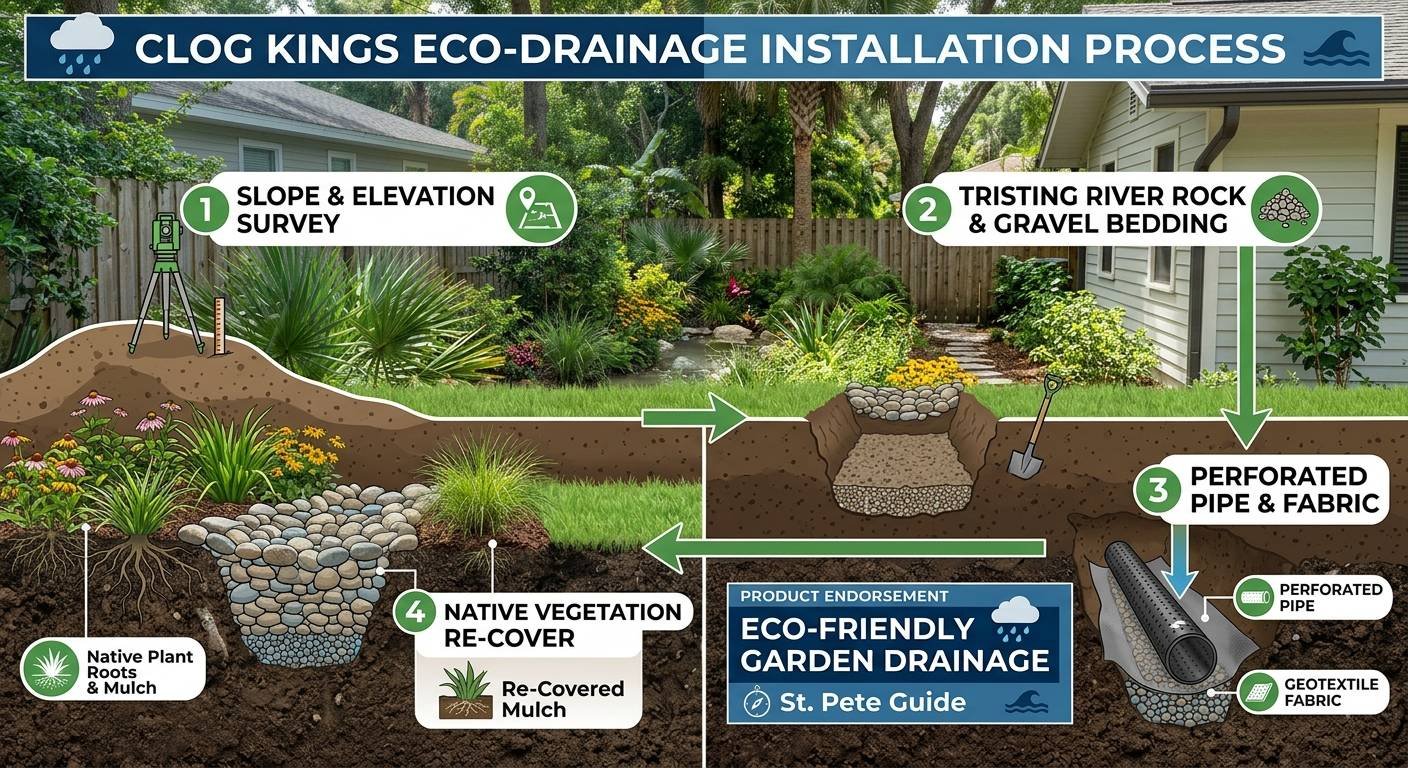 A detailed four-step infographic illustrating the eco-friendly garden drainage installation process by Clog Kings, using a photorealistic backyard cross-section. The guide is titled "CLOG KINGS ECO-DRAINAGE INSTALLATION PROCESS" and has a "PRODUCT ENDORSEMENT" box for "ECO-FRIENDLY GARDEN DRAINAGE | St. Pete Guide".Step 1 shows a "SLOPE & ELEVATION SURVEY" with a total station tripod and target, with a large "1" icon.Step 2 depicts a trench with "TRISTING RIVER ROCK & GRAVEL BEDDING" and a shovel, marked with a "2" icon. An arrow points to Step 3.Step 3 illustrates the deep trench showing the installation of "PERFORATED PIPE & FABRIC". Detailed cutaways label "PERFORATED PIPE" and "GEOTEXTILE FABRIC", marked with a "3" icon. An arrow points to Step 4.Step 4 shows the completed system on the surface and in the soil, featuring "NATIVE VEGETATION RE-COVER" with flourishing native plants and a river rock dry creek bed. Insets detail "Native Plant Roots & Mulch" and "Re-Covered Mulch", marked with a "4" icon. The background features a healthy Florida backyard with a lush lawn and garden.