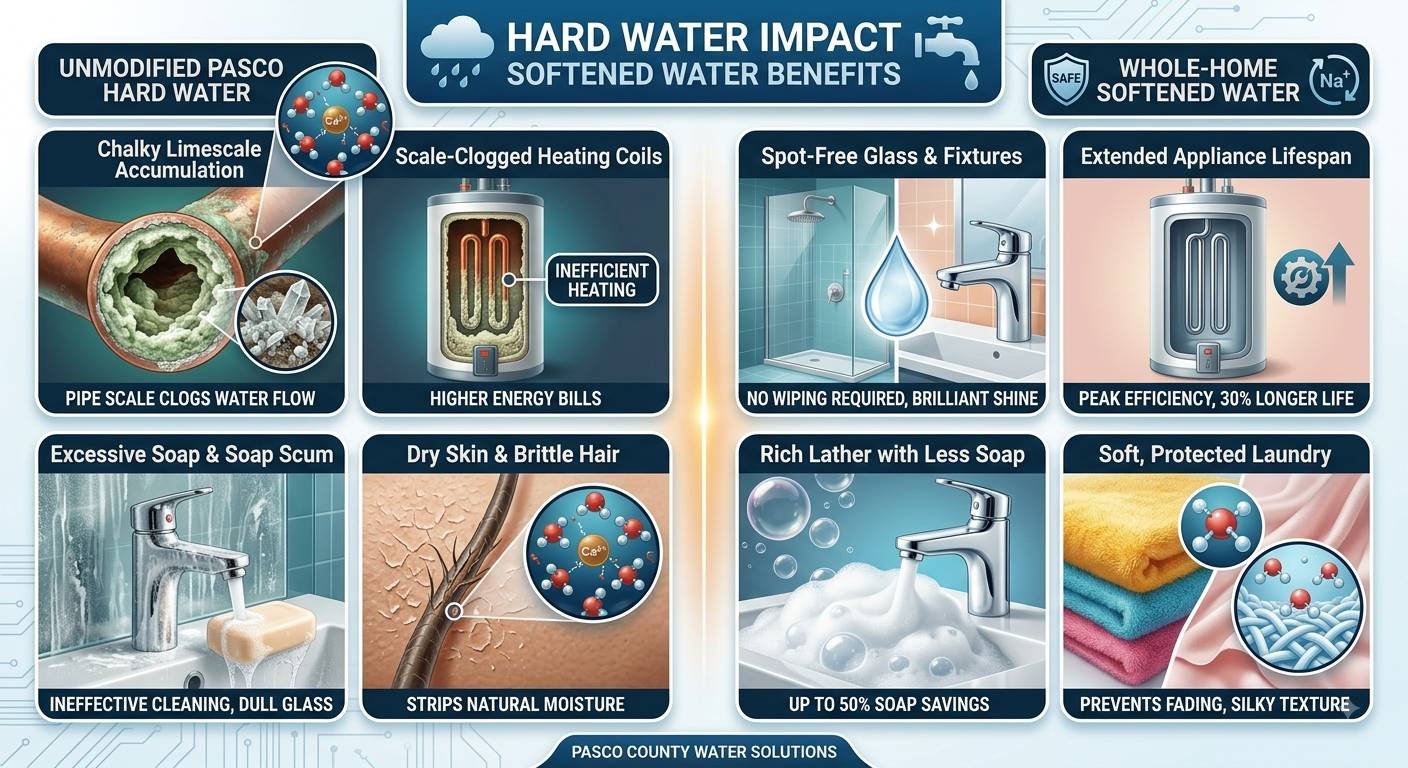 A side-by-side comparative infographic highlighting the differences between unmodified hard water and whole-home softened water in Pasco County.Left Section (Unmodified Pasco Hard Water): Features four dark-framed image tiles outlining hard water drawbacks:Chalky Limescale Accumulation: Shows a cross-section of a copper pipe severely restricted by thick white scale, labeled "PIPE SCALE CLOGS WATER FLOW."Scale-Clogged Heating Coils: Displays a water heater tank with heavy internal mineral buildup, labeled "HIGHER ENERGY BILLS."Excessive Soap & Soap Scum: Illustrates a faucet and sink covered in cloudy film and soap residue, labeled "INEFFECTIVE CLEANING, DULL GLASS."Dry Skin & Brittle Hair: Shows a microscopic view of dry, cracked skin and damaged hair strands, labeled "STRIPS NATURAL MOISTURE."Right Section (Whole-Home Softened Water): Features four light-framed image tiles showcasing softening benefits:Spot-Free Glass & Fixtures: Shows a sparkling clean glass shower and chrome faucet, labeled "NO WIPING REQUIRED, BRILLIANT SHINE."Extended Appliance Lifespan: Displays a clean, scale-free water heater tank with an upward efficiency arrow, labeled "PEAK EFFICIENCY, 30% LONGER LIFE."Rich Lather with Less Soap: Demonstrates a faucet running water into thick, rich soap suds, labeled "UP TO 50% SOAP SAVINGS."Soft, Protected Laundry: Shows a stack of plush, brightly colored folded towels alongside smooth fabric fibers, labeled "PREVENTS FADING, SILKY TEXTURE."