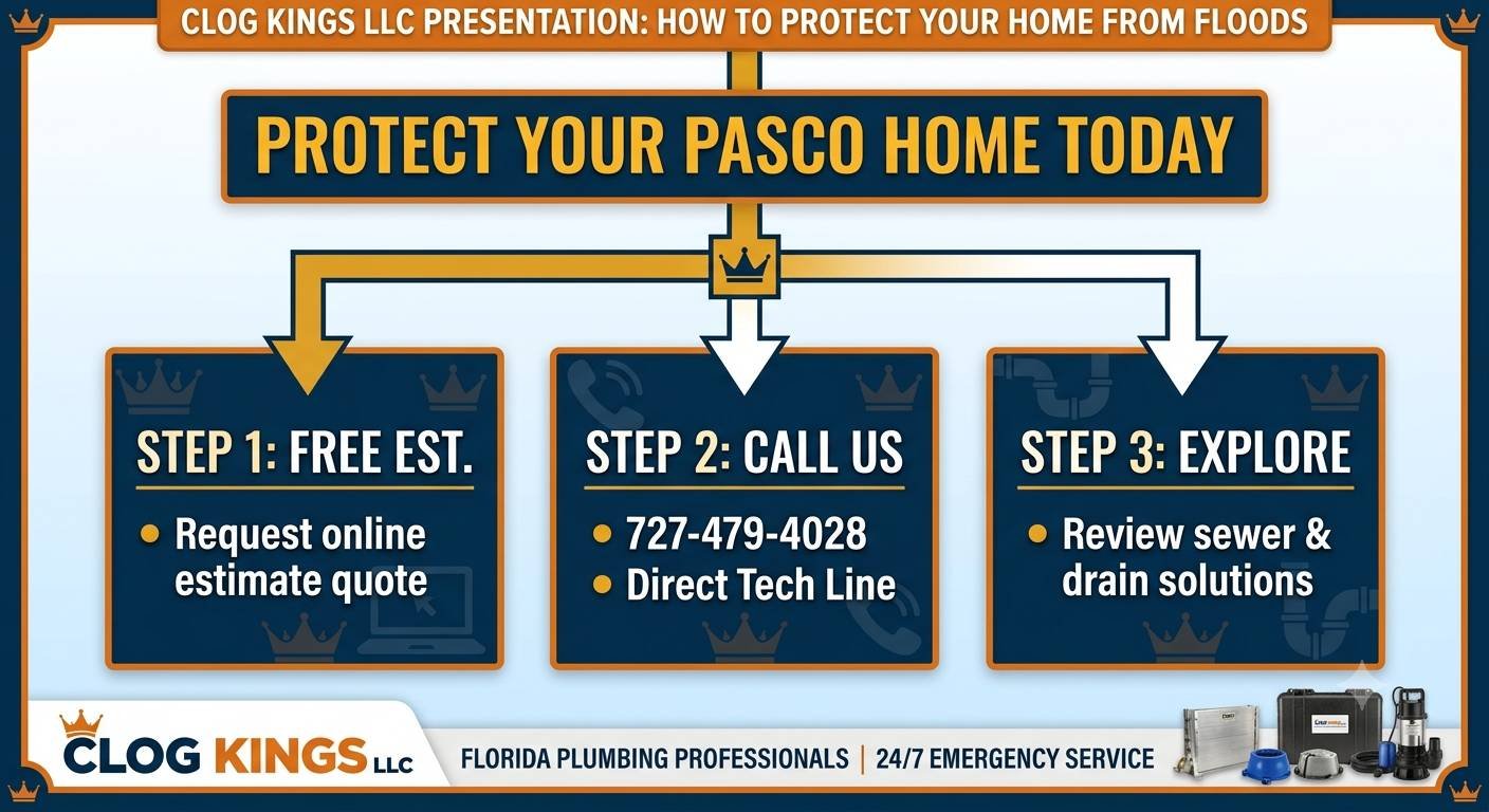 An instructional flowchart infographic presented by Clog Kings LLC, titled "PROTECT YOUR PASCO HOME TODAY" with gold crown branding. The chart details a three-step action plan using navy blue and gold boxes: "STEP 1: FREE EST. (Request online estimate quote)" shown with a laptop icon; "STEP 2: CALL US (727-479-4028, Direct Tech Line)" shown with a phone icon; and "STEP 3: EXPLORE (Review sewer & drain solutions)" shown with sewer pipe illustrations. Arrows guide the user through each step. The bottom banner confirms: "FLORIDA PLUMBING PROFESSIONALS | 24/7 EMERGENCY SERVICE" next to the Clog Kings logo and equipment like water pumps.