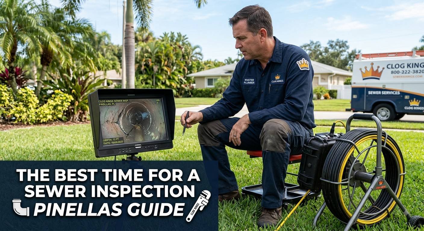 A professional photograph of a Clog Kings master plumber sitting on a stool on a lush residential lawn in Pinellas County, Florida. He is reviewing high-definition sewer pipe video footage on a digital color monitor screen resting on the grass, holding a stylus pen and pointing toward the display which shows a cracked interior pipe wall. Next to him is a professional yellow sewer camera equipment reel on a metal frame, with a white Clog Kings service van and palm trees visible in the sunny background. In the bottom-left quadrant, a dark blue graphic banner features bold white text reading "THE BEST TIME FOR A SEWER INSPECTION | PINELLAS GUIDE" alongside a pipe icon and a pipe wrench graphic.