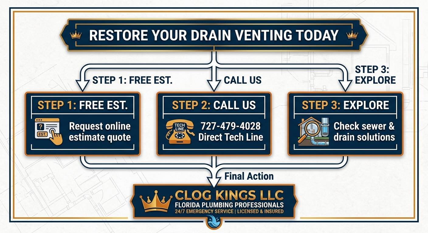 An infographic call-to-action banner created by Clog Kings LLC titled "RESTORE YOUR DRAIN VENTING TODAY" across a dark navy header with gold crowns. The diagram branches into three dark navy rectangular panels with gold borders and clear icons:STEP 1: FREE EST.: Features a web form icon and reads "Request online estimate quote."STEP 2: CALL US: Features a telephone icon labeled "TECH LINE" and displays "727-479-4028 Direct Tech Line."STEP 3: EXPLORE: Features a magnifying glass inspecting a pipe diagram and reads "Check sewer & drain solutions."All three steps merge down via structural arrows into a final bottom banner displaying the gold crown logo, "CLOG KINGS LLC," and "FLORIDA PLUMBING PROFESSIONALS | 24/7 EMERGENCY SERVICE | LICENSED & INSURED."