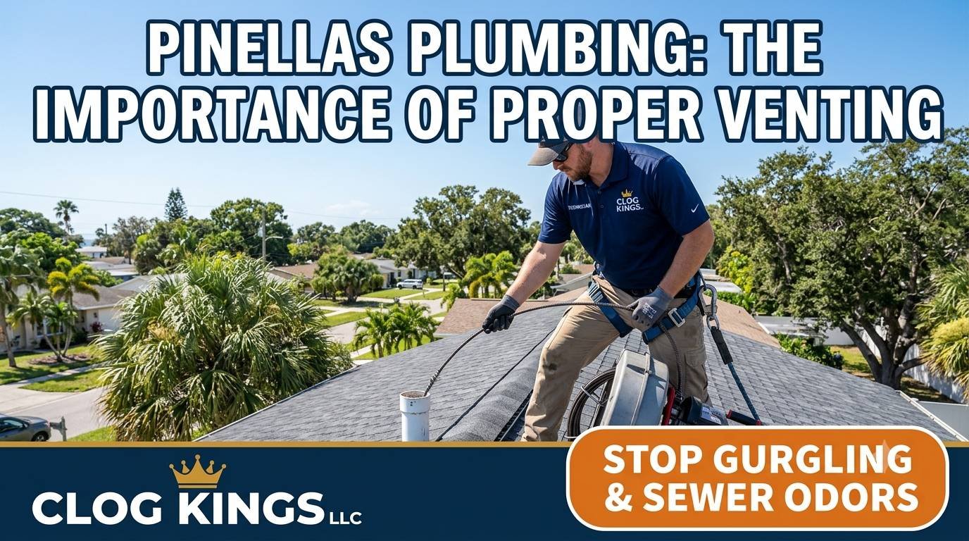 A candid, documentary-style photo taken on a sunny Florida residential roof in Pinellas County. A Clog Kings technician, wearing a clean navy blue uniform with the gold crown logo, khaki work pants, and a full safety harness, carefully clears a 2-inch PVC plumbing roof vent stack using a specialized mechanical auger. The tech is kneeling on the gray shingle roof, focused on inserting the cable. Bright natural daylight illuminates the suburban neighborhood and distant palm trees in the background. Bold white graphic overlay text with a navy border is positioned across the upper third: "Pinellas Plumbing: The Importance of Proper Venting". A navy blue (#0A2F4E) branding banner runs along the entire bottom edge with "CLOG KINGS LLC" and the gold crown icon on the left. On the right of this banner, a prominent orange-gold (#E87722) rounded callout bubble has white text that says: "Stop Gurgling & Sewer Odors".