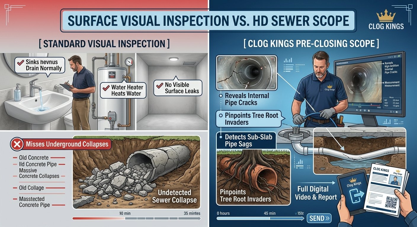 A comparison infographic titled "SURFACE VISUAL INSPECTION VS. HD SEWER SCOPE" presented with photorealistic illustrations. It is split vertically into two distinct scenarios.Left Section (STANDARD VISUAL INSPECTION - Red/Gray tones): Shows a home inspector with callouts for visible checks: "Sinks Drain Normally" (with a running faucet and checklist), "Water Heater Heats Water" (with a tank and gauge), and "No Visible Surface Leaks." Below these surface checks, a significant subterranean cutaway reveals a massive, hidden issue: "Misses Underground Collapses," labeled "Undetected Sewer Collapse" within a large red warning graphic, illustrating a concrete pipe crushed under dirt.Right Section (CLOG KINGS PRE-CLOSING SCOPE - Blue tones): Features a specialized technician operating a high-definition sewer camera system. A large monitor displays real-time video footage. Integrated data callouts point to specific sub-surface diagrams: "Reveals Internal Pipe Cracks" (showing detailed internal cracks), "Pinpoints Tree Root Invaders" (illustrating a tree root block within an underground pipe), and "Detects Sub-Slab Pipe Sags" (with a diagram of a sagging PVC pipe collecting water under a concrete slab). At the bottom, a hand holds a tablet and a printed document, both branded and labeled "Full Digital Video & Report" with a digital "SEND" icon, emphasizing the deliverables.The entire image uses clean data graphics and clear visual examples to illustrate the hidden risks missed by a basic inspection.