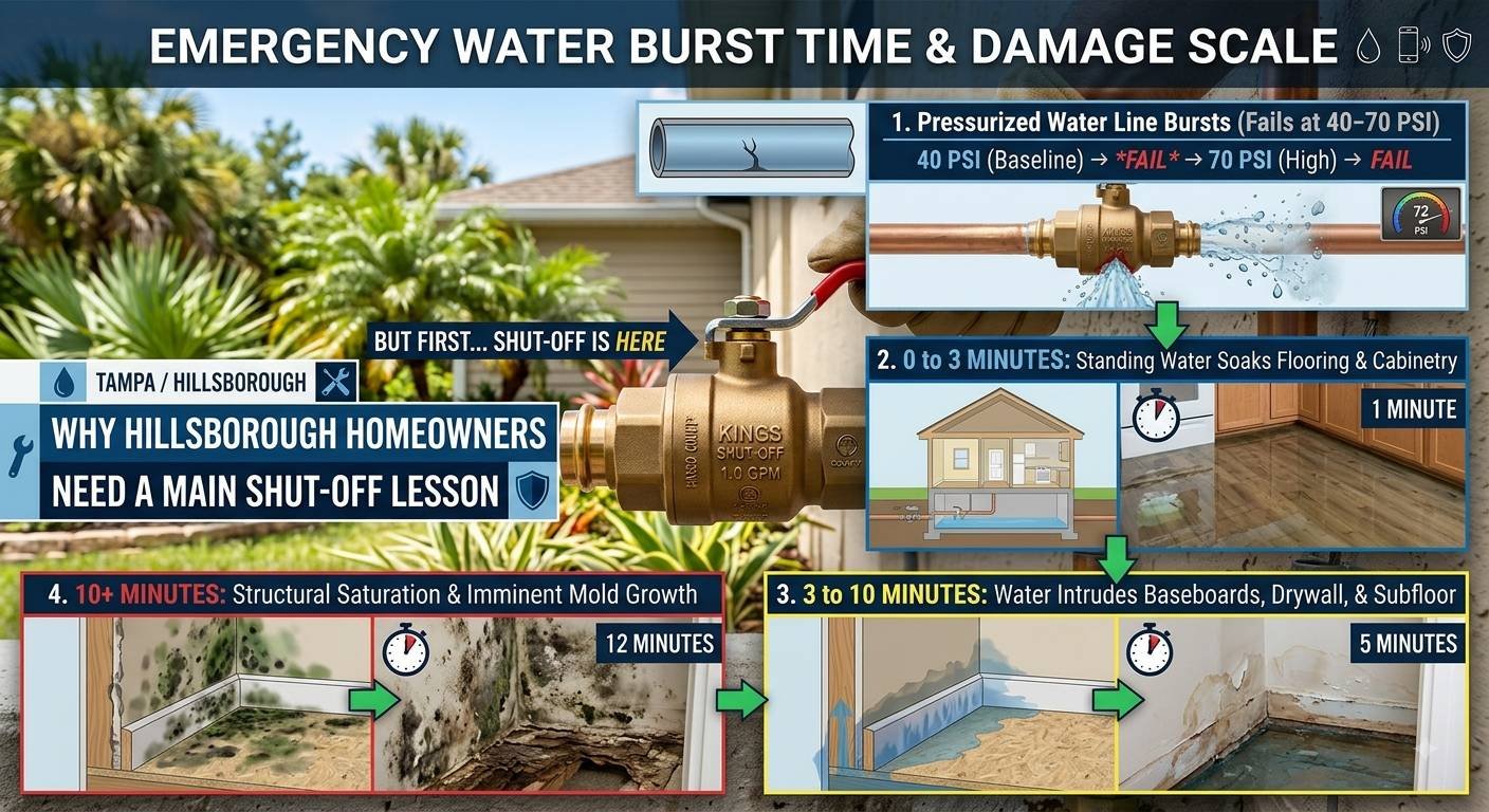 A comprehensive infographic and photo guide for Hillsborough County, Tampa homeowners, titled 'EMERGENCY WATER BURST TIME & DAMAGE SCALE', illustrating the stages of residential water damage. The top banner includes a water drop and phone icon, emphasizing protection.The graphic is a multi-stage flow with time-lapse comparisons and specific data. It begins at top-right with a high-tech cross-section of a copper pipe showing a rupture, labeled '1. Pressurized Water Line Bursts (Fails at 40-70 PSI)'. It shows a pressure gauge rising to 72 PSI and a visual comparison for a brass 'KINGS SHUT-OFF' valve failing under high pressure.The flow moves down with color-coded steps:'2. 0 to 3 MINUTES: Standing Water Soaks Flooring & Cabinetry', with a '1 MINUTE' photo comparison showing a clean kitchen vs. a flooded kitchen floor. A diagram shows how the entire house foundation is affected.'3. 3 to 10 MINUTES: Water Intrudes Baseboards, Drywall, & Subfloor', with a '5 MINUTES' photo comparison showing extensive wall-baseboard water damage. An cross-section illustration details water wicking into drywall and subfloor layers.'4. 10+ MINUTES: Structural Saturation & Imminent Mold Growth', with a '12 MINUTES' photo comparison showing advanced, severe mold and structural rot.A critical interjection point highlights 'BUT FIRST... SHUT-OFF IS HERE', pointing to a central photo of a technician's gloved hand already on the bright red handle of the primary brass main water shut-off valve, linked to the guide text in the bottom-left: 'TAMPA / HILLSBOROUGH | WHY HILLSBOROUGH HOMEOWNERS NEED A MAIN SHUT-OFF LESSON' with a shield and crossed-wrenches icon. The background features a healthy Tampa garden. Arrows guide the user through the entire process, emphasizing that rapid shut-off prevents all subsequent damage.