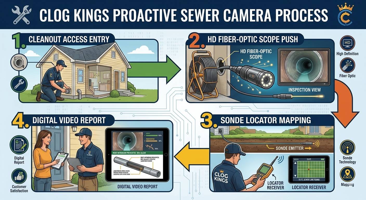 A detailed four-step process infographic detailing the Clog Kings Proactive Sewer Camera Process. The steps are arranged in a clockwise loop connected by large directional arrows on a blue circuit-patterned background.Step 1 (Top Left): "1. Cleanout Access Entry," showing a Clog Kings technician in uniform kneeling outside a residential home to access the exterior sewer cleanout line.Step 2 (Top Right): "2. HD Fiber-Optic Scope Push," depicting a flexible camera reel feeding a high-definition fiber-optic scope into the line, with an inset monitor displaying a real-time clear inspection view inside the pipe.Step 3 (Bottom Right): "3. Sonde Locator Mapping," illustrating an underground cross-section with an active sonde emitter in the pipe transmitting signals up to a technician using a hand-held digital locator receiver on the surface.Step 4 (Bottom Left): "4. Digital Video Report," showcasing a Clog Kings technician sharing a detailed digital diagnostic report and 3D pipe schematic on a tablet with a homeowner at her front door.