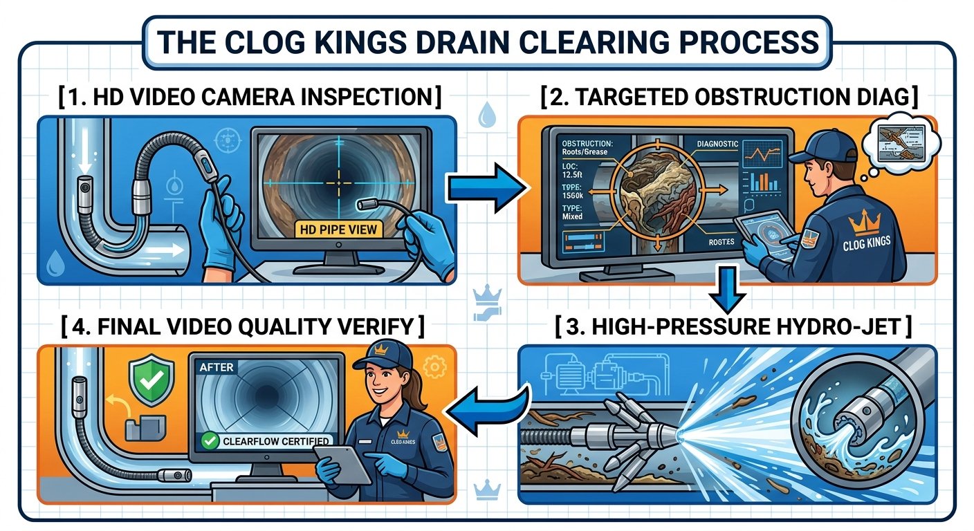 A four-panel process infographic titled "THE CLOG KINGS DRAIN CLEARING PROCESS" details four steps using illustrations and arrows. Panel 1, "[1. HD VIDEO CAMERA INSPECTION]," shows a camera probe inside a pipe with a monitor displaying an "HD PIPE VIEW" of internal buildup. Panel 2, "[2. TARGETED OBSTRUCTION DIAG]," features a male technician with a tablet and screen analyzing a specific clog of roots and grease, labeled with data like "LOC: 12.5ft." Panel 3, "[3. HIGH-PRESSURE HYDRO-JET]," illustrates a powerful hydro-jet nozzle clearing debris and buildup from inside the pipe with pressurized water. Panel 4, "[4. FINAL VIDEO QUALITY VERIFY]," shows a female technician with a tablet and a screen displaying a clean pipe marked "AFTER" and "CLEARFLOW CERTIFIED." The overall background is a light blue grid.