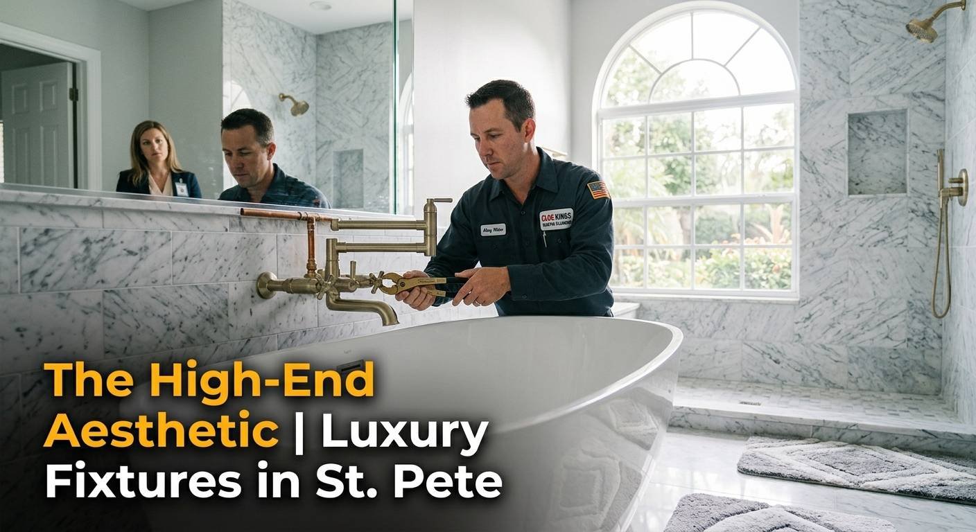 A documentary-style photograph from a luxury Snell Isle home master bathroom, where a Clog Kings master plumber, in a clean uniform and with specialized tools, carefully installs a wall-mounted brushed brass luxury faucet over a freestanding soaking tub. The scene, bathed in bright natural light from a large arched window, highlights custom Carrara marble wall tiles and flooring, matching brass fixtures in the open walk-in shower, and a property manager observing the process. Overlaid in the bottom left quadrant is bold text graphics reading, "The High-End Aesthetic | Luxury Fixtures in St. Pete." The photograph captures the premium detail, realistic texture of the materials, and authentic craftsmanship.