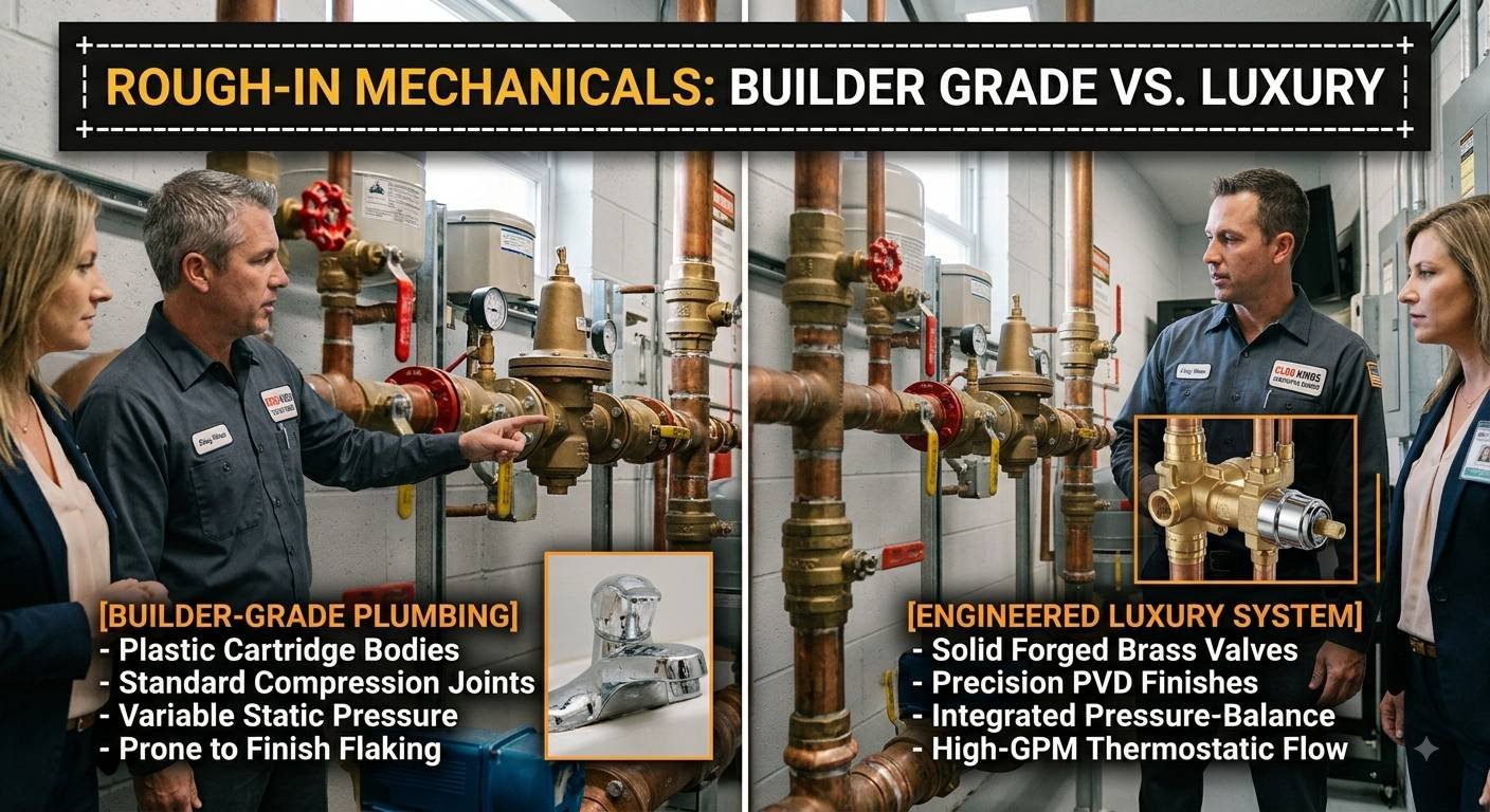 A split-panel infographic comparing standard builder-grade plumbing with high-end luxury mechanical systems:Left Panel ([BUILDER-GRADE PLUMBING]): Shows a technician pointing to a basic valve setup next to an inset photo of a flaking, corroded chrome faucet. The text lists features including plastic cartridge bodies, standard compression joints, variable static pressure, and vulnerability to finish flaking.Right Panel ([ENGINEERED LUXURY SYSTEM]): Shows a Clog Kings plumber explaining high-end valves to a female property manager, with an inset highlighting a heavy-duty, solid forged brass rough-in valve. The text highlights solid forged brass valves, precision PVD finishes, integrated pressure-balancing, and high-GPM thermostatic flow.
