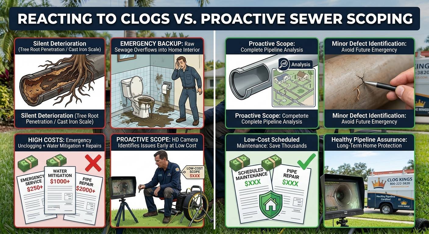 A detailed split-panel infographic comparing the reactive approach to sewer line clogs with proactive sewer scoping. The banner at the top reads "REACTING TO CLOGS VS. PROACTIVE SEWER SCOPING".Left Section (Reactive Approach - Red Border):Silent Deterioration: Shows a cross-section of an underground pipe clogged with tree roots and heavy cast iron scale.Emergency Backup: Depicts a distressed homeowner in a bathroom where raw sewage has overflowed from a toilet onto the floor.High Costs: Illustrates stack of high-cost invoices for emergency services, water damage mitigation, and major pipe repairs marked with a red X.Proactive Scope: Shows a plumber using camera equipment outdoors to inspect pipes before catastrophic failure occurs.Right Section (Proactive Approach - Green Border):Proactive Scope: Shows a complete pipeline analysis diagram on a digital screen.Minor Defect Identification: Displays a close-up inspection pointing out a hairline crack on a pipe surface to prevent future emergencies.Low-Cost Scheduled Maintenance: Displays affordable scheduled maintenance estimates marked with a green checkmark.Healthy Pipeline Assurance: Shows a Clog Kings technician and service van with a clear sewer inspection monitor, emphasizing long-term home protection.