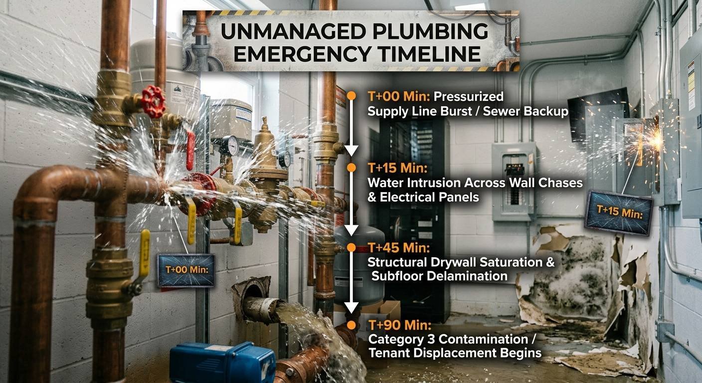 An infographic overlay on a photograph of a severe plumbing failure in a mechanical room. The image visualizes an emergency timeline from "T+00 Min" to "T+90 Min," detailing the rapid escalation of water and electrical damage. It shows bursting pipes, sewer backups, a spark event at an electrical panel, and severe structural degradation including drywall saturation and subfloor delamination.