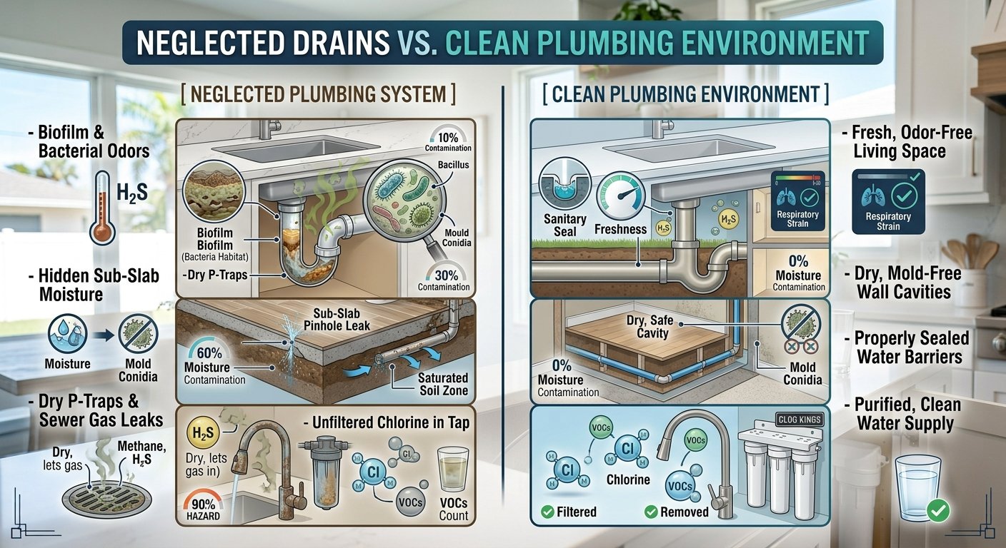 A side-by-side comparison infographic titled "NEGLECTED DRAINS VS. CLEAN PLUMBING ENVIRONMENT" showcasing the impact of plumbing health on home wellness.Left Panel (NEGLECTED PLUMBING SYSTEM): Details internal hazards including "Biofilm & Bacterial Odors" inside a sink trap, "Hidden Sub-Slab Moisture" causing a pinhole leak beneath floorboards, "Dry P-Traps & Sewer Gas Leaks" releasing gases, and "Unfiltered Chlorine in Tap" water.Right Panel (CLEAN PLUMBING ENVIRONMENT): Illustrates healthy alternatives, highlighting a "Fresh, Odor-Free Living Space" with a sealed sanitary drain, "Dry, Mold-Free Wall Cavities" under clean floors with zero moisture contamination, "Properly Sealed Water Barriers," and a "Purified, Clean Water Supply" maintained by a Clog Kings filtration system.