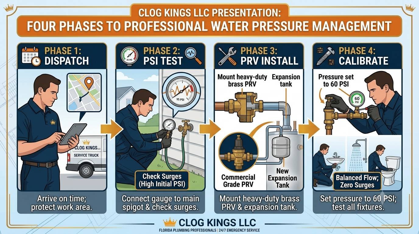 A horizontal four-step process flowchart created by Clog Kings LLC titled "FOUR PHASES TO PROFESSIONAL WATER PRESSURE MANAGEMENT." The chart features four dark navy blue panels with gold header banners, step-by-step illustrations, and descriptive subtext:PHASE 1: DISPATCH: Shows a Clog Kings technician holding a tablet next to a branded service van and a GPS route graphic, with text reading "Arrive on time; protect work area."PHASE 2: PSI TEST: Illustrates the technician attaching an analog gauge to an outdoor spigot to measure high initial pressure surges, with text reading "Connect gauge to main spigot & check surges."PHASE 3: PRV INSTALL: Displays detailed diagrams of a commercial-grade brass Pressure Reducing Valve (PRV) and a new thermal expansion tank installed near a water heater, with text reading "Mount heavy-duty brass PRV & expansion tank."PHASE 4: CALIBRATE: Shows the technician adjusting the valve to a calibrated 60 PSI, accompanied by small panels showing tests on sinks, showers, and toilets, with text reading "Set pressure to 60 PSI; test all fixtures."The infographic is bordered by thin gold framing and includes Clog Kings LLC branding along the top and bottom headers.