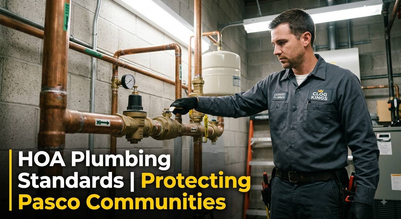 Modern documentary-style photo of a licensed male plumber in a Clog Kings uniform adjusting a brass main shutoff valve in an HOA utility room, featuring text overlay "HOA Plumbing Standards | Protecting Pasco Communities."