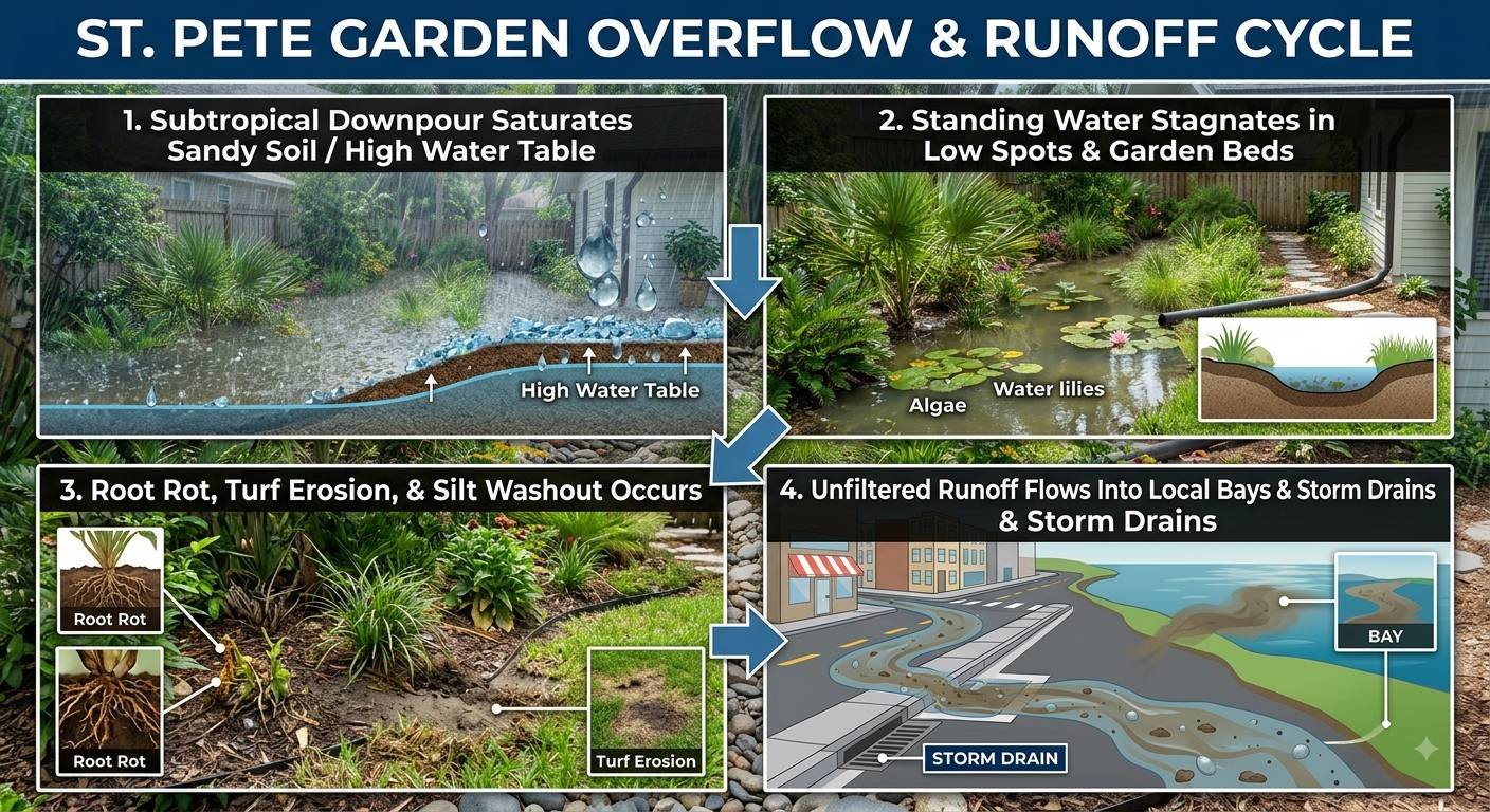 A detailed four-step environmental infographic titled 'ST. PETE GARDEN OVERFLOW & RUNOFF CYCLE' that illustrates the causes and effects of poor drainage in a residential St. Petersburg, Florida garden. It combines photorealistic garden scenes with technical diagrams. Step 1 (top-left) shows a subtropical downpour flooding a garden with an illustrated soil cross-section detailing a high water table and rain droplets. Step 2 (top-right) displays a pond of murky standing water with algae, water lilies, and a detailed cross-section of a clogged bioswale. Step 3 (bottom-left) features call-out boxes with close-ups of diseased roots and turf erosion. Step 4 (bottom-right) includes a cutaway diagram showing unfiltered sediment-filled runoff flowing from a residential street into a storm drain, labeled 'STORM DRAIN', and terminating as a plume in an illustrated 'BAY' ecosystem. The panels are connected by large blue arrows on a background of river rocks.
