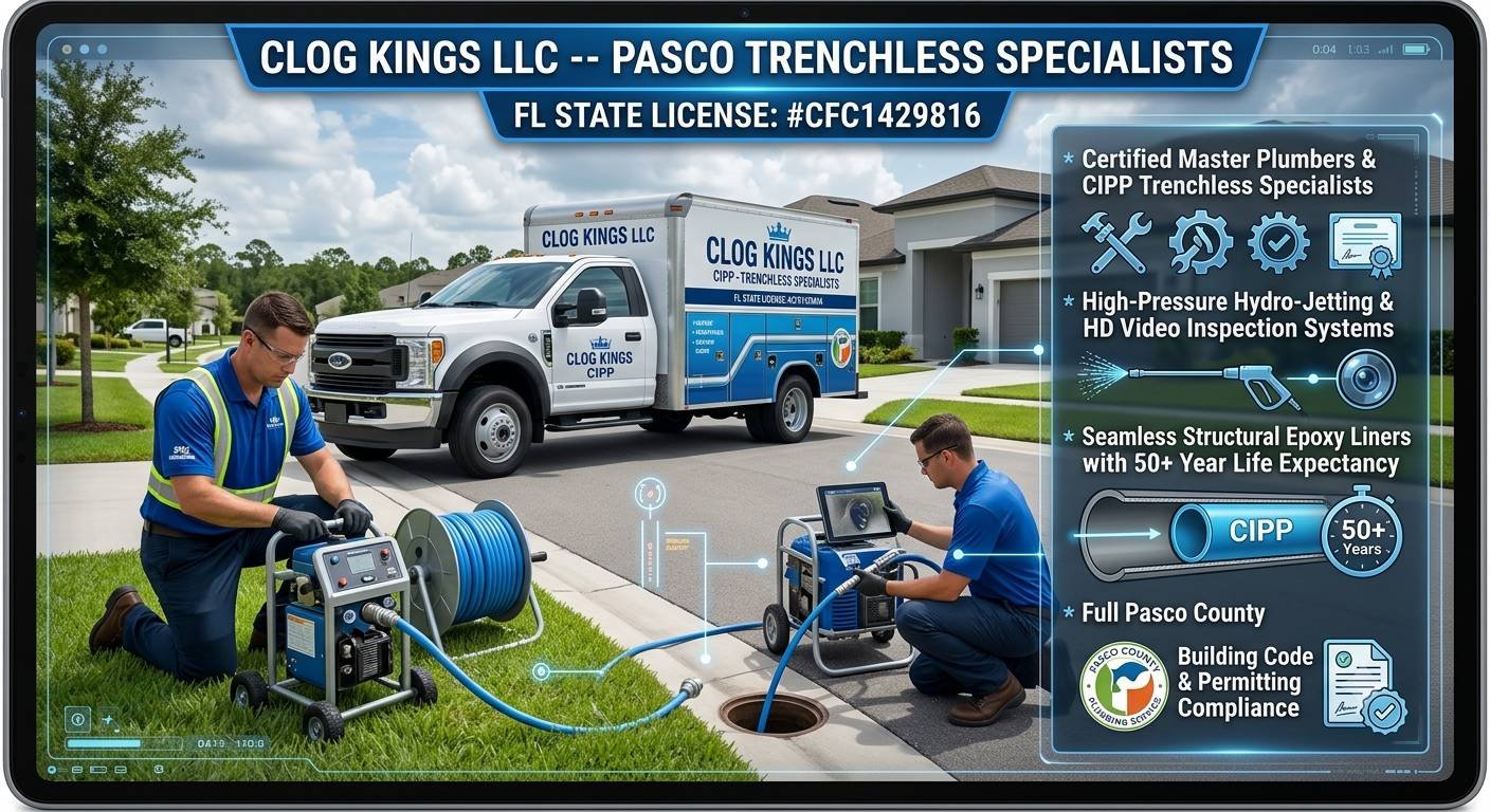 A business advertisement for Clog Kings LLC, titled "CLOG KINGS LLC -- PASCO TRENCHLESS SPECIALISTS" with "FL STATE LICENSE: #CFC1429816," displayed on a tablet screen overlaying a photo of their technicians and service truck working in a residential neighborhood. The right side features illustrated icons and text detailing their services: "Certified Master Plumbers & CIPP Trenchless Specialists" (wrenches and a certificate), "High-Pressure Hydro-Jetting & HD Video Inspection Systems" (a power nozzle and camera scope), "Seamless Structural Epoxy Liners with 50+ Year Life Expectancy" (a cross-section of a CIPP liner in a pipe with a 50+ years timeline), and "Full Pasco County Building Code & Permitting Compliance" (a Pasco County seal and stamped documents). The background shows two technicians in blue uniforms and safety gear operating a trenchless pipe repair machine and a hydro-jetter unit near a suburban street.