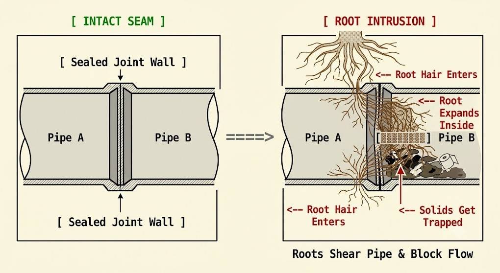 A side-by-side technical diagram illustrating how tree roots intrude into underground pipes. On the left, labeled "[ INTACT SEAM ]", two pipe sections ("Pipe A" and "Pipe B") are joined together with a tight, sealed joint wall. On the right, labeled "[ ROOT INTRUSION ]", tree roots penetrate through the seam between Pipe A and Pipe B. Text annotations point out where a root hair enters the seam, expands inside the pipe cavity, and traps solids to block flow, leading to pipe shear.