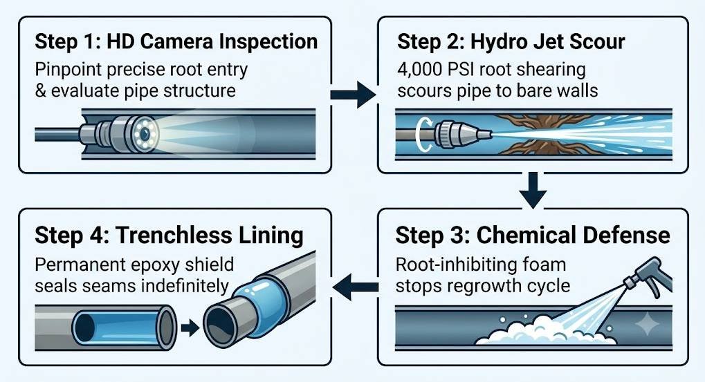 A modern illustrative infographic flowchart with four connected, light-blue boxes against a clean background, outlining a pipe repair process. The sequence is as follows:Top-Left: Step 1: HD Camera Inspection. Shows an illustration of a robotic camera head moving through a pipe with bright LED lights and includes the text: "Pinpoint precise root entry & evaluate pipe structure." An arrow points right.Top-Right: Step 2: Hydro Jet Scour. Shows an illustration of a rotating nozzle blasting water forward to clear a brown, jagged root blockage and includes the text: "4,000 PSI root shearing scours pipe to bare walls." An arrow points down.Bottom-Right: Step 3: Chemical Defense. Shows an illustration of a hand spray nozzle applying a thick, root-inhibiting foam inside the pipe and includes the text: "Root-inhibiting foam stops regrowth cycle." An arrow points left.Bottom-Left: Step 4: Trenchless Lining. Shows an illustration of a segmented pipe being repaired with a seamless blue internal liner "shield" and includes the text: "Permanent epoxy shield seals seams indefinitely."