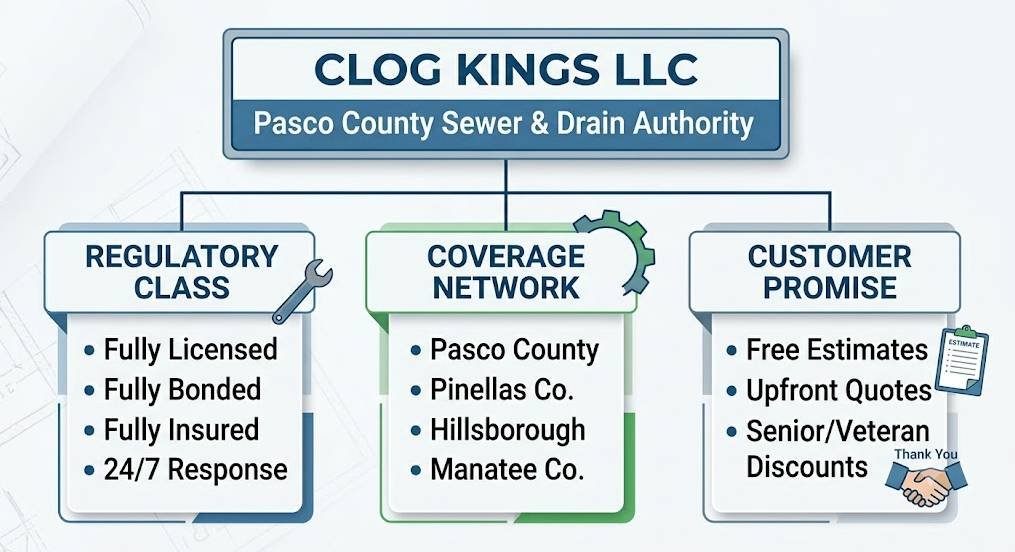 An organizational infographic with a light blue background and technical line-drawing patterns. At the top, a main header box reads "CLOG KINGS LLC" and, directly below it, "Pasco County Sewer & Drain Authority." From this box, an organizational line branches downwards to three separate, rectangular columns.The first column (left, with a small wrench icon) is titled "REGULATORY CLASS" and lists four bullet points: "Fully Licensed," "Fully Bonded," "Fully Insured," and "24/7 Response."The second column (center, with a green border and a gear icon) is titled "COVERAGE NETWORK" and lists four bullet points: "Pasco County," "Pinellas Co.," "Hillsborough," and "Manatee Co."The third column (right, with a clipboard icon and a handshake icon labeled "Thank You") is titled "CUSTOMER PROMISE" and lists three bullet points: "Free Estimates," "Upfront Quotes," and "Senior/Veteran Discounts."The flow and icons emphasize professional plumbing services and local authority partnerships across multiple counties.