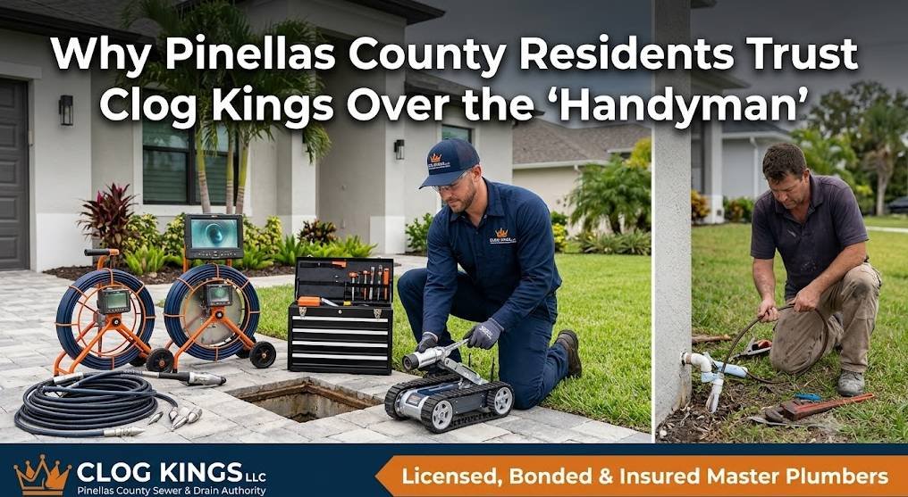 "Professional Clog Kings plumber explaining why Pinellas County residents trust Clog Kings Over the Handyman" A split screen photograph comparing professional and amateur plumbing work in front of a modern home. On the left side, representing Clog Kings LLC, a technician in a branded uniform is operating a high-tech sewer inspection robot on a paved driveway. He is surrounded by advanced equipment, including HD camera monitors on wheeled carts and clean hydro-jetting tools. Text above reads "Why Pinellas County Residents Trust Clog Kings Over the 'Handyman'". On the right side, representing an amateur handyman, a man is kneeling on a grass lawn, looking distressed as he manually pulls an old drain snake from a small outdoor cleanout. He has only a pile of disorganized wrenches on the grass next to him. A footer bar across the bottom includes the Clog Kings LLC logo and a text callout "Licensed, Bonded & Insured Master Plumbers".
