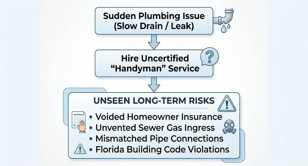 A sequential flowchart against a light blue background. At the top, a title box reads "Sudden Plumbing Issue (Slow Drain / Leak)" and includes an icon of a leaking pipe with water droplets. A downward arrow points to the next title box: "Hire Uncertified 'Handyman' Service", which includes a question mark icon. A final downward arrow points to a large, comprehensive title box labeled "UNSEEN LONG-TERM RISKS." This risk box lists four bullet points: "Voided Homeowner Insurance" (with an insurance document and hand icon), "Unvented Sewer Gas Ingress" (with a gas mask icon), "Mismatched Pipe Connections," and "Florida Building Code Violations" (flanked by two triangle warning icons). The flowchart visually demonstrates the logical consequences of not using a certified plumber.