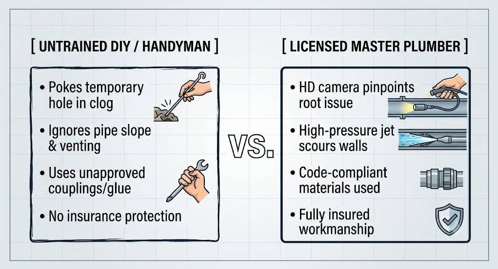 A technical infographic on a grid background comparing two sides of plumbing service, separated by "VS."On the left, labeled "[UNTRAINED DIY / HANDYMAN]", four points describe poor practices: "Pokes temporary hole in clog" (illustrated by a hand using a rod), "Ignores pipe slope & venting", "Uses unapproved couplings/glue" (illustrated by a hand holding a wrench and glue bottle), and "No insurance protection".On the right, labeled "[LICENSED MASTER PLUMBER]", four points describe professional standards: "HD camera pinpoints root issue" (illustrated by a camera head in a pipe section), "High-pressure jet scours walls" (illustrated by a water jet nozzle cleaning a pipe), "Code-compliant materials used" (illustrated by standardized couplings), and "Fully insured workmanship" (illustrated by a shield icon with a checkmark).