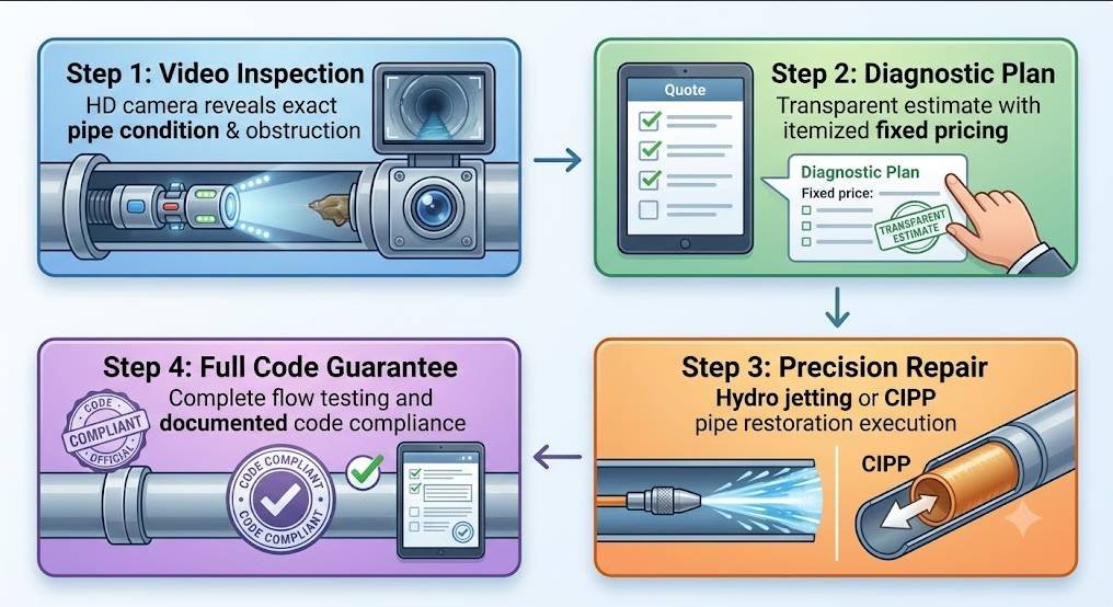 A sequential, illustrative infographic flowchart set against a light background, detailing a professional pipe repair procedure in four colored boxes connected by arrows:Step 1: Video Inspection (Blue Box, Top Left): A cross-section of a pipe with a motorized camera head pushing through, illuminating the interior and revealing a brown clog. Above it, a screen shows a real-time feed of the blockage. Text: "HD camera reveals exact pipe condition & obstruction."Step 2: Diagnostic Plan (Green Box, Top Right): An illustration of an electronic tablet displaying a checklist and a "Transparent Estimate" with a pointer finger indicating itemized line items. Text: "Transparent estimate with itemized fixed pricing."Step 3: Precision Repair (Orange Box, Bottom Right): Shows two distinct repair methods side-by-side. The left illustrates a high-pressure hydro-jet nozzle blasting a water stream inside a pipe. The right illustrates a CIPP (Cured-In-Place-Pipe) liner with an arrow indicating the installation process. Text: "Hydro jetting or CIPP pipe restoration execution."Step 4: Full Code Guarantee (Purple Box, Bottom Left): Features a stylized 'CODE COMPLIANT OFFICIAL' circular stamp on a finished, seamless pipe joint, alongside a tablet showing a checklist with two green checkmarks. Text: "Complete flow testing and documented code compliance."