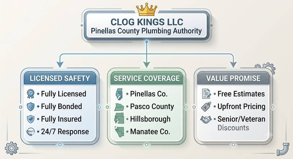 A professional organizational chart infographic on a light background with subtle technical details like gears. The diagram has a main header panel at the top, bordered in blue with a gold crown icon, which contains the text "CLOG KINGS LLC" followed by "Pinellas County Plumbing Authority." Arrows branch downwards from this header to three distinct, side-by-side rectangular panels with rounded corners.The first panel on the left (blue theme) is titled "LICENSED SAFETY" and includes relevant icons like a certificate, shield, and a 24/7 clock, followed by the text: "Fully Licensed," "Fully Bonded," "Fully Insured," and "24/7 Response."The second panel in the center (green theme) is titled "SERVICE COVERAGE" and includes map icons of different Florida regions, followed by the text: "Pinellas Co.," "Pasco County," "Hillsborough," and "Manatee Co."The third panel on the right (grey theme) is titled "VALUE PROMISE" and includes icons of a clipboard, a price tag with a percentage, and a handshake, followed by the text: "Free Estimates," "Upfront Pricing," and "Senior/Veteran Discounts."