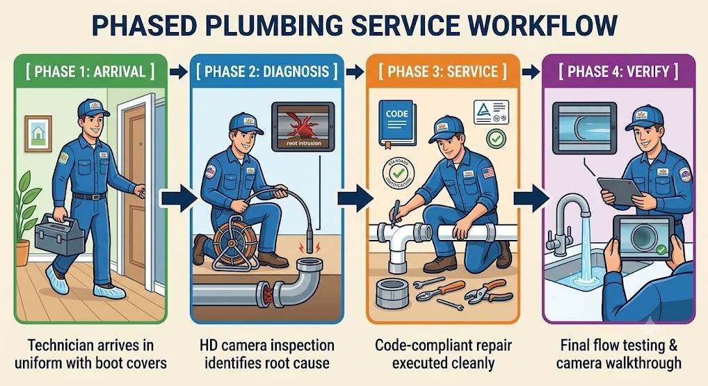 An illustrative infographic flowchart in a linear sequence with colorful borders, titled "PHASED PLUMBING SERVICE WORKFLOW". It features four connected rectangular panels with rounded corners:[ PHASE 1: ARRIVAL ] (Green Border): A technician in a clean blue Clog Kings uniform with branded patches and specialized non-slip boot covers steps confidently inside a home holding a tool chest. Below, descriptive text reads: "Technician arrives in uniform with boot covers."[ PHASE 2: DIAGNOSIS ] (Blue Border): The same technician uses a compact high-definition sewer camera system, inserting the illuminated camera head into a pipe cleanout. A small tablet screen shows a detailed cross-section of a pipe with a jagged red root intrusion identified as the "root cause". Below, descriptive text reads: "HD camera inspection identifies root cause."[ PHASE 3: SERVICE ] (Orange Border): The technician works neatly with professional tools, replaces a section of broken pipe with new, clean PVC pipe using code-approved couplings, with illustrative code books and standard certifications nearby. Below, descriptive text reads: "Code-compliant repair executed cleanly."[ PHASE 4: VERIFY ] (Purple Border): The technician performs final flow testing with water running clearly through a faucet into a drain. He holds the tablet again, now displaying a smooth, clean pipe interior, providing a final camera walkthrough and validation checkmark. Below, descriptive text reads: "Final flow testing & camera walkthrough."