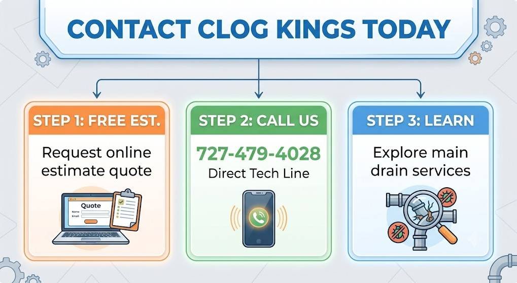 A clean, professional infographic diagram with a light blue and white color scheme and decorative gear elements. At the top, a main header box reads "CONTACT CLOG KINGS TODAY" and includes the Clog Kings LLC logo. Below it, an organizational line branches downwards into three separate, rectangular columns.The first column (left, with an orange border) is titled "STEP 1: FREE EST." and lists four bullet points: "Request online estimate quote" and icons for an estimate form, laptop, and clipboard.The second column (center, with a green border) is titled "STEP 2: CALL US" and lists four bullet points: "727-479-4028," "Direct Tech Line," and an icon for a smartphone with a green call icon.The third column (right, with a light blue border) is titled "STEP 3: LEARN" and lists four bullet points: "Explore main drain services," and an icon of a magnifying glass showing stylized sewer pipes and root intrusion icons.The flow and icons visually communicate the easy steps for customers to reach Clog Kings.
