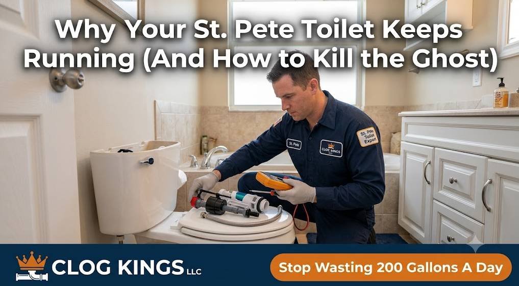 A 16:9 documentary-style photograph from within a bright residential bathroom in St. Petersburg, Florida. A Clog Kings technician, wearing a navy blue branded uniform, works with focus on an open toilet tank, holding diagnostic tools and high-grade replacement components. A bold white graphic text overlay across the upper third reads: "Why Your St. Pete Toilet Keeps Running (And How to Kill the Ghost)". A solid navy blue banner (#0A2F4E) runs along the entire bottom edge, displaying the "Clog Kings LLC" branding and logo. Attached to the navy banner is an orange-gold (#E87722) callout bubble that says: "Stop Wasting 200 Gallons A Day". The image is sharp and realistically captures the professional service.