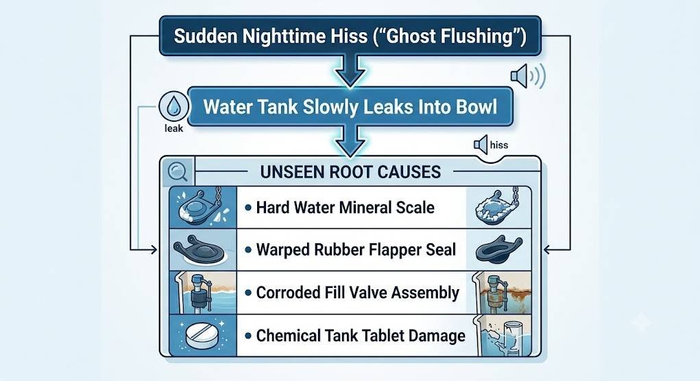 A vertical technical flowchart set against a soft light-blue background detailing the causes of a running toilet.At the top, a blue rectangular box reads "Sudden Nighttime Hiss ('Ghost Flushing')" with a soundwave icon. A downward arrow points to a second box reading "Water Tank Slowly Leaks Into Bowl" accompanied by a water drop icon.A downward arrow leads to a larger panel titled "UNSEEN ROOT CAUSES". This panel contains four rows with descriptive text flanked by illustrative diagrams:Hard Water Mineral Scale (with an image of a crusted toilet flapper)Warped Rubber Flapper Seal (with an image of a deformed flapper)Corroded Fill Valve Assembly (with an image showing rusted fill valve parts inside a water tank)Chemical Tank Tablet Damage (with an image of a dissolving chemical tablet degrading plastic/rubber components)