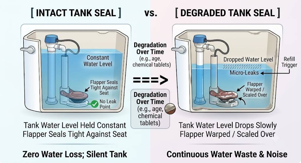 An illustrative infographic diagram comparing two toilet tank conditions side-by-side on a white background with subtle colored panels.The left panel, titled "[ INTACT TANK SEAL ]", shows a cutaway view of a toilet tank with a full blue water column and a smooth, well-seated flapper valve. A green checkmark with "No Leak Point" is next to the seal. Text below states: "Tank Water Level Held Constant," "Flapper Seals Tight Against Seat," and summarized at the bottom as: "Zero Water Loss; Silent Tank".The center section shows two large vertical arrows labeled "====>" with text above and below reading: "Degradation Over Time (e.g., age, chemical tablets)". This connects the left condition to the right.The right panel, titled "[ DEGRADED TANK SEAL ]", shows an identical cutaway of a toilet tank, but with a significantly lower water level and an eroded, mineral-crusted flapper valve. A small icon showing flaky degradation is by the tank. Annotations show "Dropped Water Level," "Refill Trigger," "Micro-Leaks," and "Flapper Warped / Scaled Over". Text below states: "Tank Water Level Drops Slowly," "Flapper Warped / Scaled Over," and summarized at the bottom as: "Continuous Water Waste & Noise".