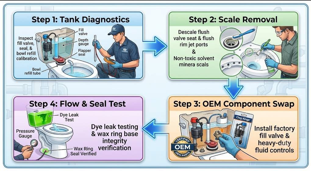 A professional, educational infographic diagram detailing a four-step comprehensive toilet service workflow. The flowchart is set against a clean, light blue and white textured background with subtle plumbing motif overlays and is framed by a polished border. Four distinct, styled rectangular panels, connected by large, glowing blue arrows indicating a sequence, show the process:Top Left (Step 1: Tank Diagnostics): Features a detailed cutaway illustration of an open toilet tank, with a professional plumber in branded clothing using a multimeter and depth gauge to inspect labeled internal components: 'fill valve', 'depth gauge', 'flapper seal', and 'bowl refill tube'. The internal tank is labeled. Descriptive text reads: 'Inspect fill valve, seal, & bowl refill calibration'.Top Right (Step 2: Scale Removal): Shows a worker with gloves and eye protection using a specialized descaling brush and a non-toxic solvent to remove white mineral scale from a close-up of a toilet flush valve seat and flush rim jet ports, with before-and-after close-ups. Descriptive text reads: 'Descale flush valve seat & flush rim jet ports'.Bottom Right (Step 3: OEM Component Swap): Displays a close-up of the internal toilet tank mechanisms, where a hand wearing a glove is carefully positioning a new, packaged OEM 'Clog Kings' branded heavy-duty fluid control assembly and high-performance fill valve, replacing worn parts that are shown as discarded. A prominent 'CERTIFIED OEM PARTS' badge is visible. Descriptive text reads: 'Install factory fill valve & heavy-duty fluid controls'.Bottom Left (Step 4: Flow & Seal Test): Shows a complete toilet viewed from the front-side with clear water flow. Bright green dye is visible in the tank, and a plumber uses a pressure gauge near the base to confirm the wax ring seal integrity. Text callouts point to 'Dye Leak Test' and 'Wax Ring Seal Verified'. Descriptive text reads: 'Dye leak testing & wax ring base integrity verification'.