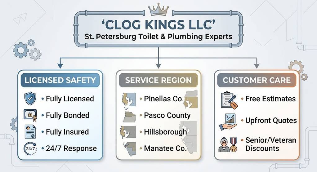 A professional organizational chart infographic on a light grey background with subtle pipe and gear icons. The main header panel at the top, bordered in blue with a gold crown and pipe icon, reads "CLOG KINGS LLC" and "St. Petersburg Toilet & Plumbing Experts".Three distinct, side-by-side rectangular panels are linked downwards from the main header by blue lines and arrows.The first panel on the left (blue theme) is titled "LICENSED SAFETY" and lists four bullet points with icons: a certificate for "Fully Licensed", a badge for "Fully Bonded", an insurance form for "Fully Insured", and a 24/7 clock for "24/7 Response".The second panel in the center (green theme) is titled "SERVICE REGION" and lists four bullet points with map icons: outlines for "Pinellas Co.", "Pasco County", "Hillsborough", and "Manatee Co.".The third panel on the right (orange theme) is titled "CUSTOMER CARE" and lists three bullet points with icons: a clipboard for "Free Estimates", a price tag with percentage and up-arrow for "Upfront Quotes", and a senior and a veteran's medal combined for "Senior/Veteran Discounts".