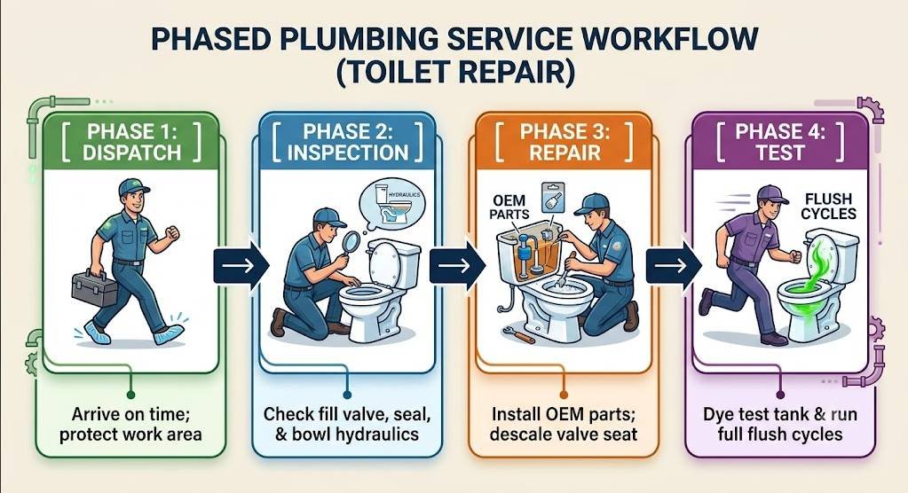 A modern illustrative infographic detailing a phased plumbing service workflow for toilet repair, presented in four connected panels. The entire diagram uses a colorful palette of greens, blues, oranges, and purples with clear illustrative icons and bold text. The overarching title is "PHASED PLUMBING SERVICE WORKFLOW (TOILET REPAIR)".The first panel, labeled '[ PHASE 1: DISPATCH ]' in green, features an icon of a smiling, uniformed plumber with a toolbox stepping confidently forward, wearing protective boot covers. Text below reads: 'Arrive on time; protect work area'. An arrow points to the next phase.The second panel, labeled '[ PHASE 2: INSPECTION ]' in blue, features an illustrative icon of the plumber kneeling and examining an open toilet tank with a magnifying glass, focusing on the fill valve and seal. A thought bubble shows a cross-section of the toilet with 'HYDRAULICS' text. Text below reads: 'Check fill valve, seal, & bowl hydraulics'. An arrow points to the next phase.The third panel, labeled '[ PHASE 3: REPAIR ]' in orange, features an icon of the plumber carefully working on the internal mechanisms of the toilet tank, installing new 'OEM PARTS' while carefully descaling a valve seat with a tool. Text below reads: 'Install OEM parts; descale valve seat'. An arrow points to the next phase.The fourth panel, labeled '[ PHASE 4: TEST ]' in purple, features an icon of the plumber running continuous 'FLUSH CYCLES', with a bright green dye test flowing visibly through the water in the bowl to ensure a perfect seal and optimal performance. Text below reads: 'Dye test tank & run full flush cycles'.