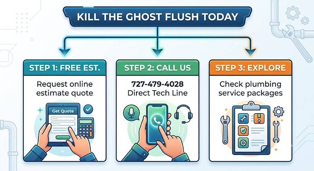 A clean, professional infographic diagram with a soft blue and white color scheme and decorative gear elements. At the top, a main header box reads "CONTACT CLOG KINGS TODAY" and includes the Clog Kings LLC logo. Below it, an organizational line branches downwards into three separate, rectangular columns.The first column (left, with an orange border) is titled "STEP 1: FREE EST." and lists four bullet points: "Request online estimate quote" and icons for an estimate form, laptop, and clipboard.The second column (center, with a green border) is titled "STEP 2: CALL US" and lists four bullet points: "727-479-4028," "Direct Tech Line," and an icon for a smartphone with a green call icon.The third column (right, with a light blue border) is titled "STEP 3: LEARN" and lists four bullet points: "Explore main drain services," and an icon of a magnifying glass showing stylized sewer pipes and root intrusion icons.The flow and icons visually communicate the easy steps for customers to reach Clog Kings.