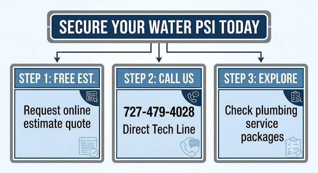 A clean, 3-step infographic flowchart titled "SECURE YOUR WATER PSI TODAY". Arrows lead from the top header to three distinct boxes below:Step 1: FREE EST. – "Request online estimate quote"Step 2: CALL US – "727-479-4028 Direct Tech Line"Step 3: EXPLORE – "Check plumbing service packages"