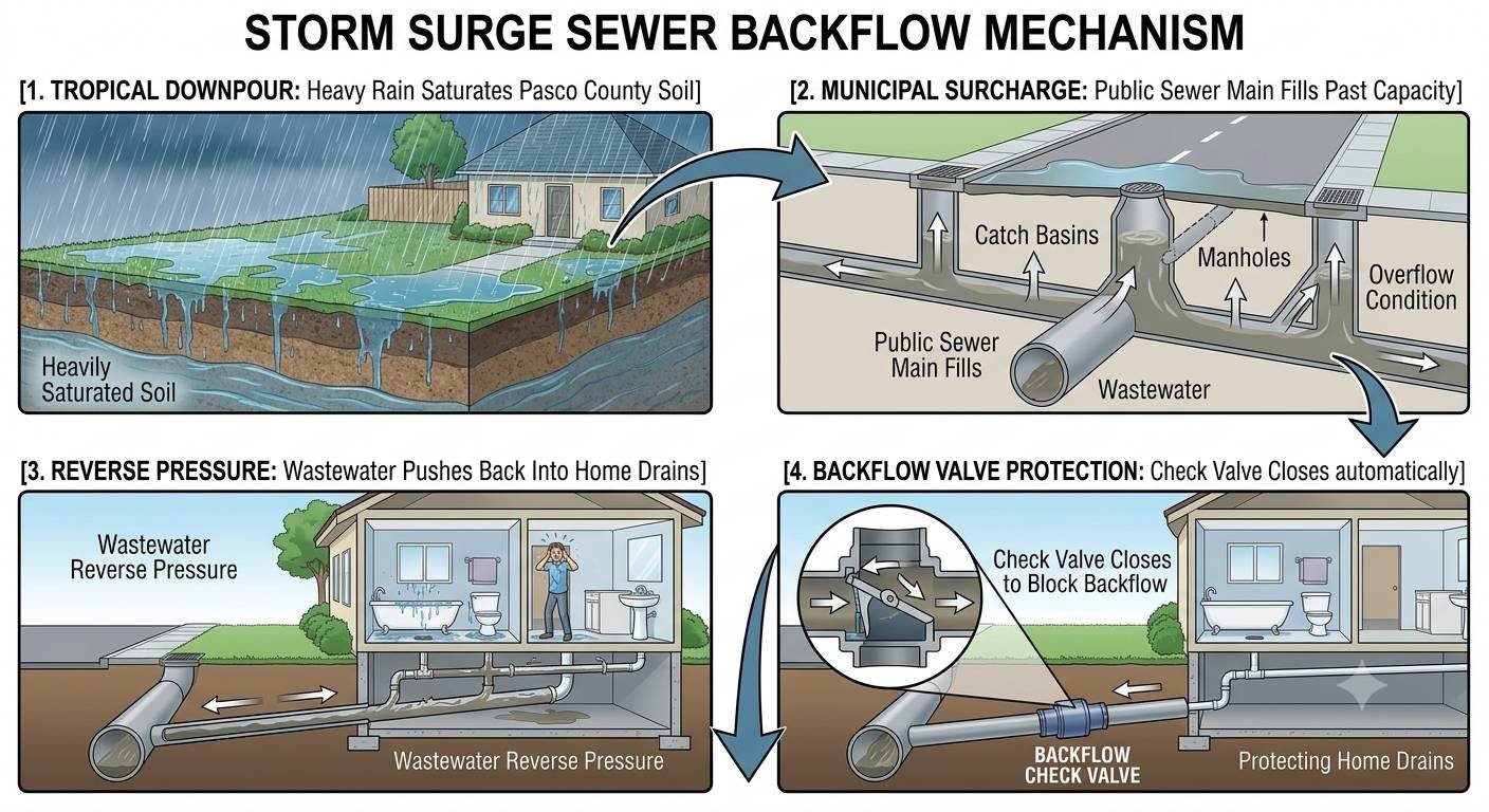 A 4-step infographic illustrating how heavy rain causes municipal sewer backup and how a backflow check valve protects a home. Step 1 shows heavy rain saturating Florida soil. Step 2 illustrates a public sewer main overflowing under a street. Step 3 shows reverse pressure forcing wastewater back into residential drains, causing indoor flooding. Step 4 demonstrates a backflow check valve automatically closing under reverse pressure, blocking municipal wastewater and protecting home fixtures.