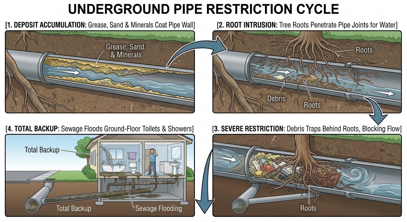A 4-step flowchart illustrating how residential sewer pipes become completely blocked over time. Panel 1 depicts deposit accumulation, where grease, sand, and minerals coat the inner pipe walls. Panel 2 shows tree root intrusion penetrating through pipe joints in search of water. Panel 3 demonstrates severe restriction, where debris catches behind intruding root masses to block wastewater flow. Panel 4 displays a total backup, resulting in sewage flooding ground-floor toilets, bathtubs, and showers inside a home.