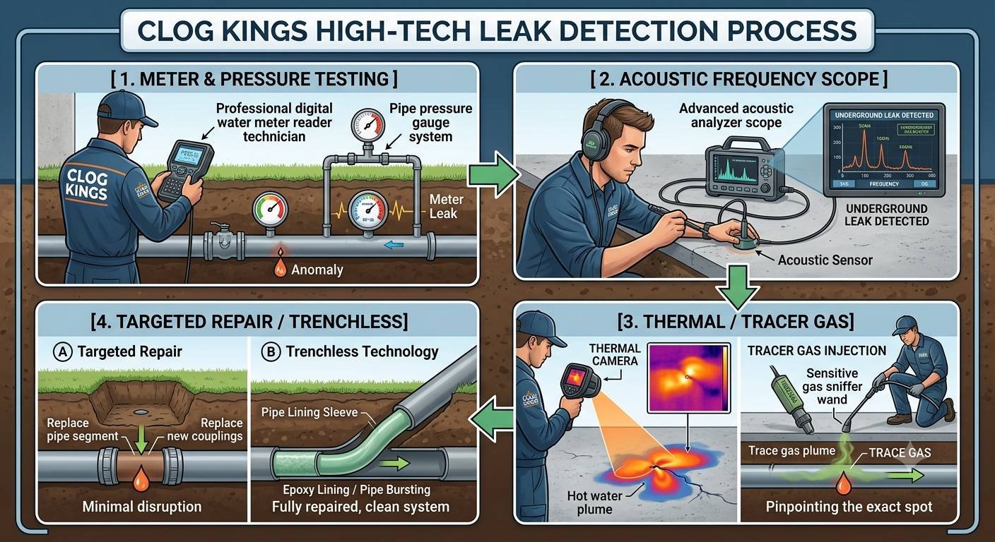 A 4-step diagram detailing the high-tech leak detection process. Step 1 shows meter and pressure testing using digital gauges to confirm system leaks. Step 2 illustrates an acoustic frequency scope identifying underground sound anomalies. Step 3 demonstrates thermal imaging cameras and tracer gas sniffing to pinpoint exact leak coordinates. Step 4 shows precise, targeted repairs or trenchless pipe lining sleeve insertion to fix the pipe with minimal lawn disruption.
